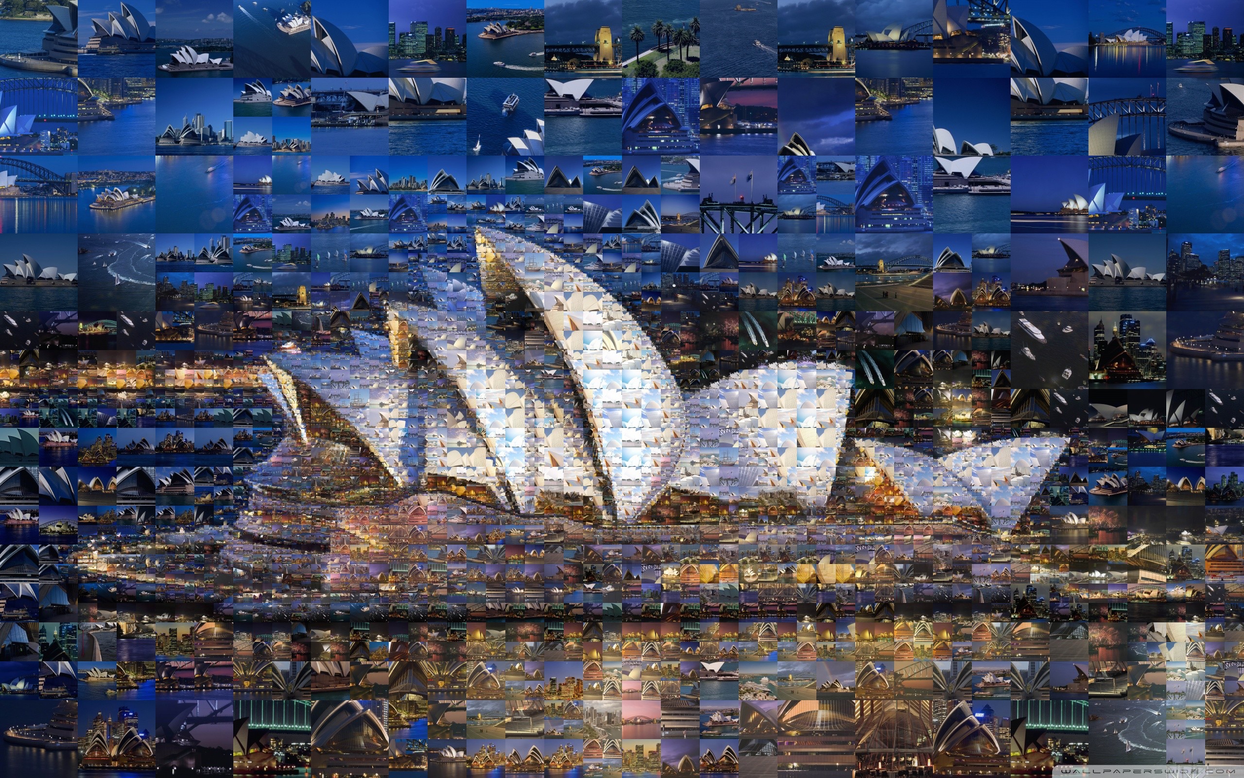 Sydney Opera House, Sydney, Australia, Mosaico fotografico, Notte, sfondo 16:10 2K
