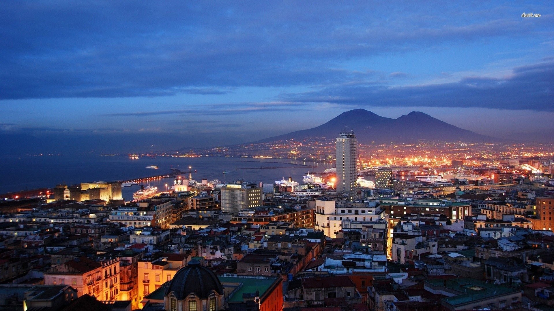 Napoli, Vesuvio, Golfo di Napoli, Crepuscolo, Luci della città, Full HD, sfondo desktop