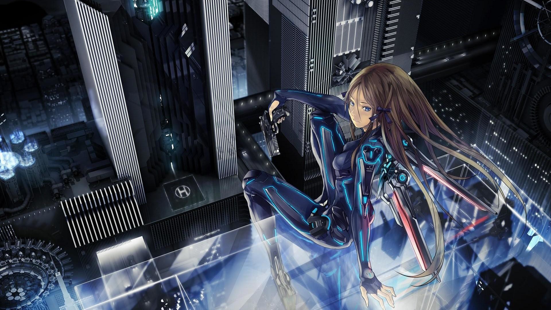 Ragazza anime, Tuta futuristica, Grattacieli, Cyberpunk, Full HD, sfondo per PC e portatile
