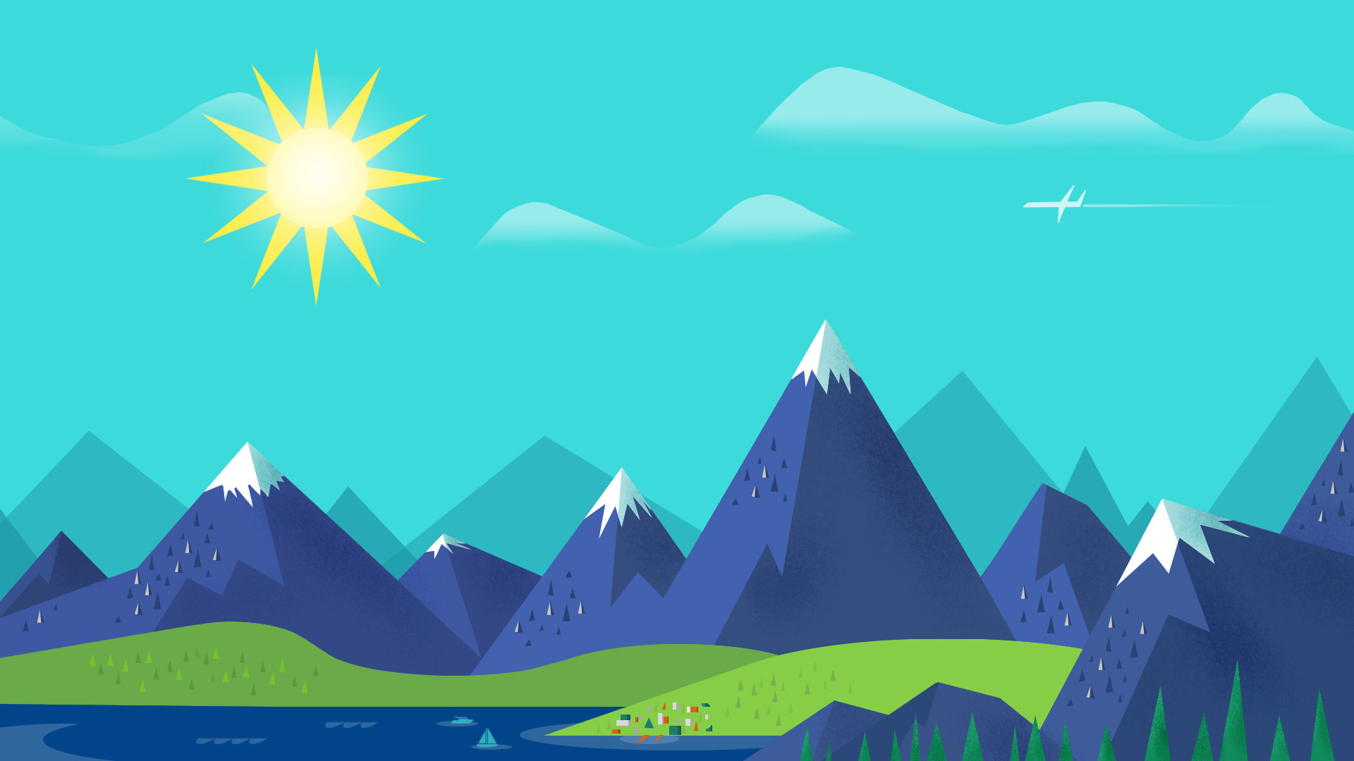 Flat design, Montagne, Sole, Lago, Paesaggio, Full HD, sfondo per PC