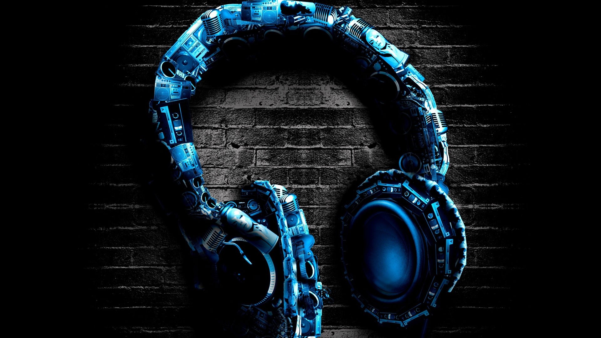 Cuffie, Muro di mattoni, Blu, Full HD, sfondo Windows 11