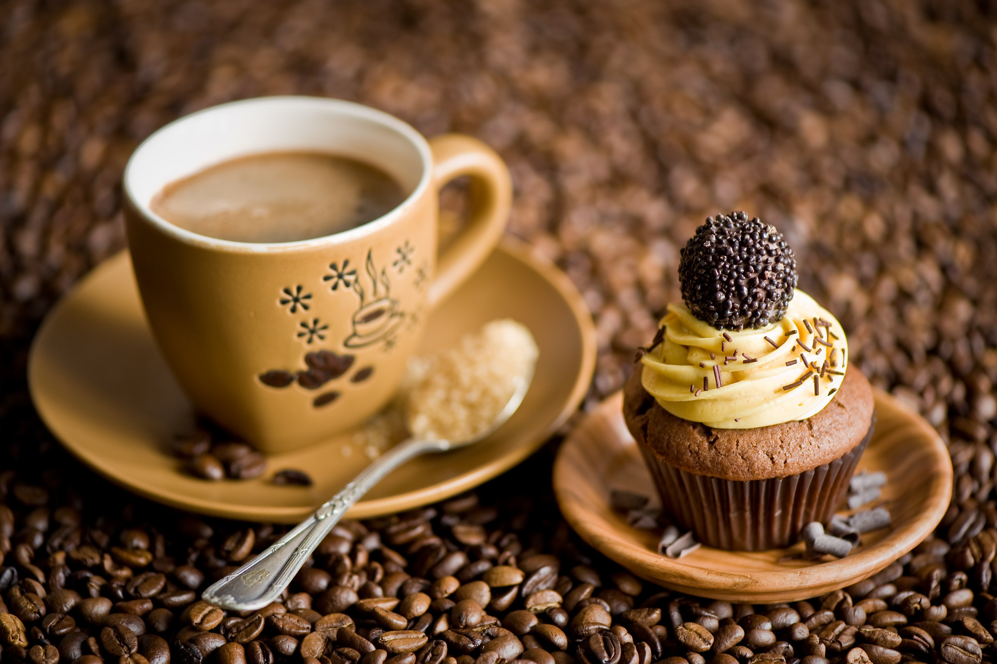 Tazza di caffè, Cupcake, Chicchi di caffè, Cucchiaino, Full HD, wallpaper desktop