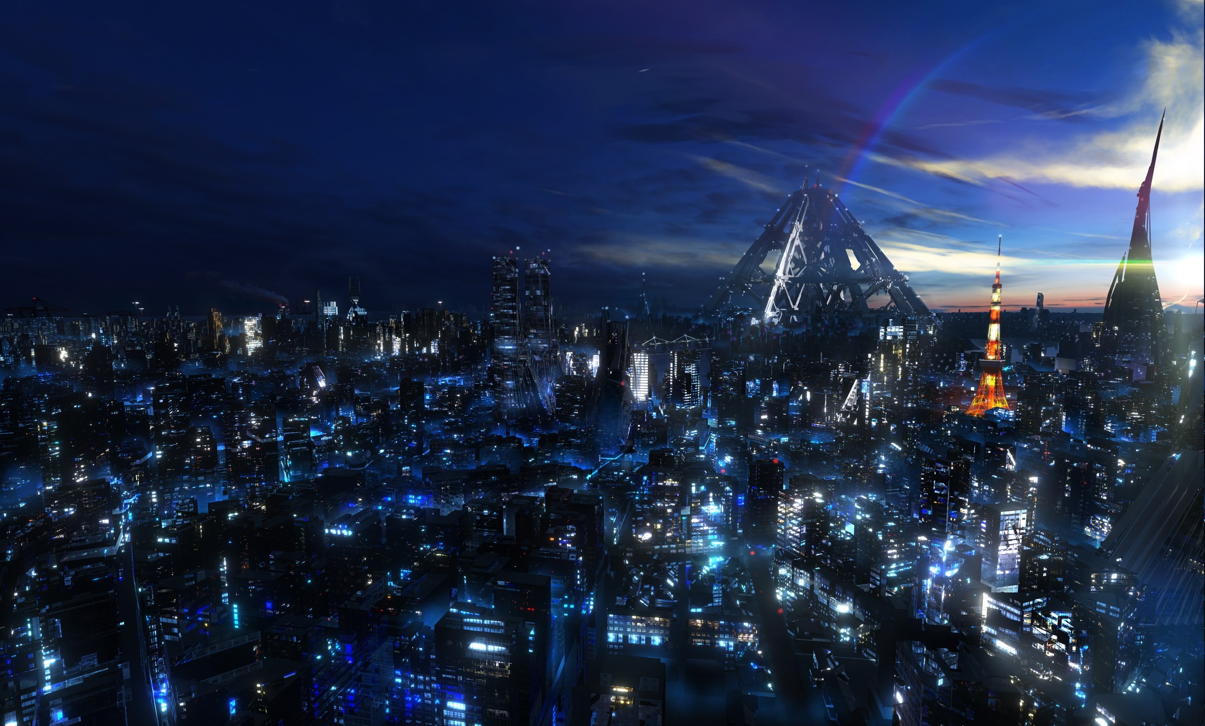 Tokyo Tower, Tokyo, Notte blu, Arte digitale, Full HD, sfondo per portatile