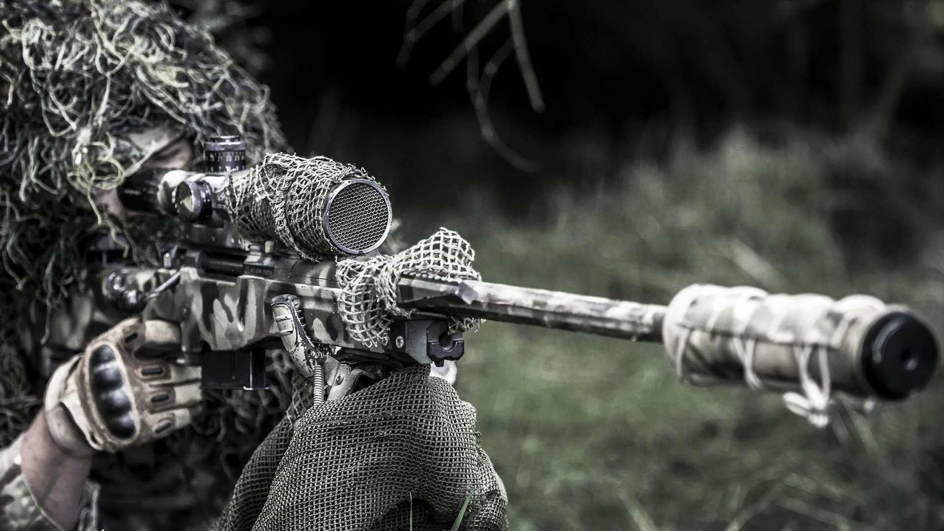 Cecchino, Ghillie suit, Silenziatore, Erba, Full HD, sfondo Windows 11