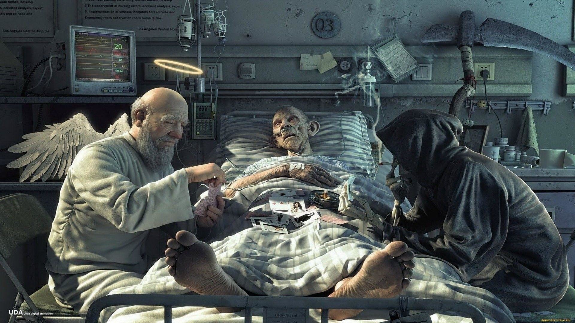 Angelo, Morte, Ospedale, Letto d'ospedale, Arte surreale, Full HD, sfondo per portatile