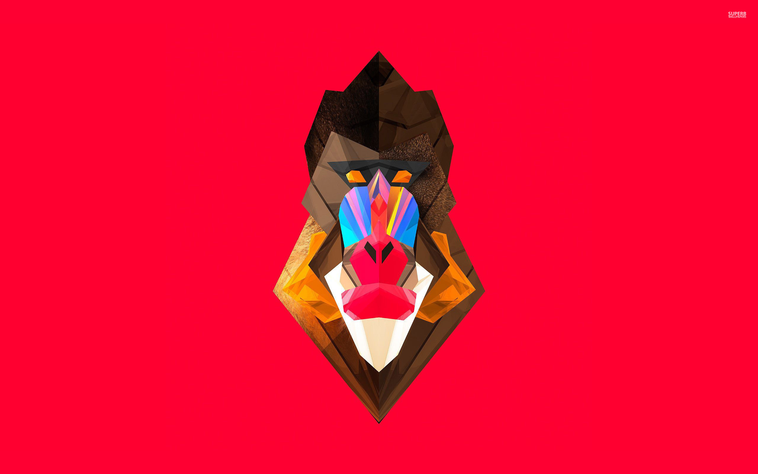 Mandrillo, Low poly, Sfondo rosso, Arte vettoriale, 2K, wallpaper per portatile