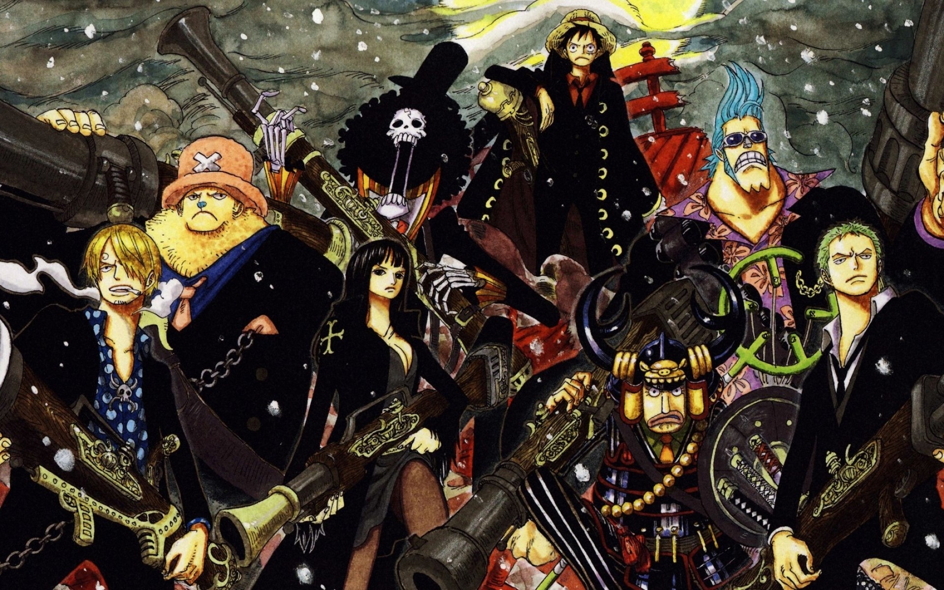 Pirati di Cappello di Paglia, Roronoa Zoro, Monkey D. Luffy, Brook, Franky, Chopper, One Piece, sfondo desktop