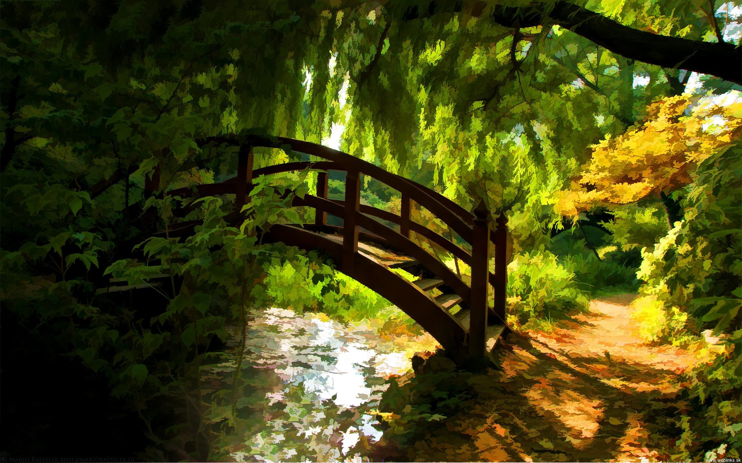 Ponte di legno, Giardino, Ruscello, Verde, 2K, sfondo desktop