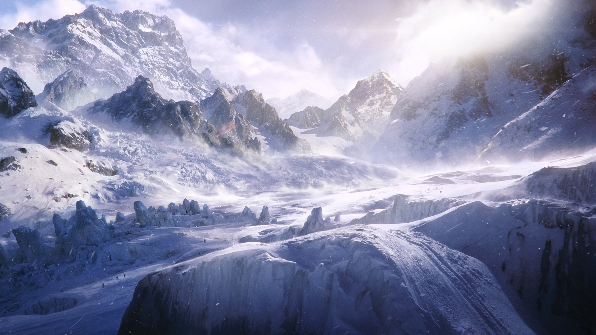 Montagne innevate, Bufera, Ghiacciaio, Paesaggio fantasy, Full HD, sfondo per PC e portatile