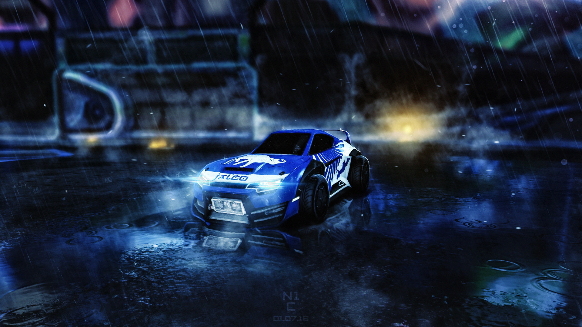 Rocket League, Auto, Pioggia, Notte, Full HD, sfondo Windows 11