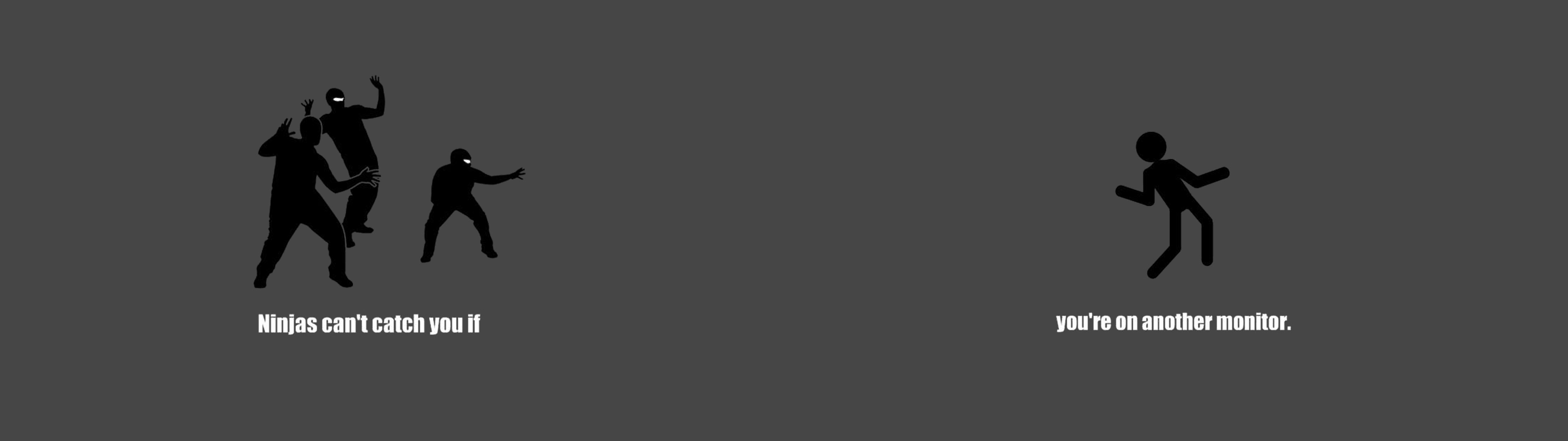 Ninja, Umorismo, Silhouette, Sfondo grigio, Minimalista, 3840x1080, wallpaper desktop