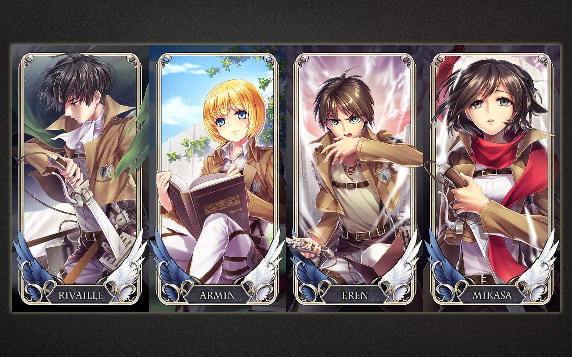 Levi Ackerman, Armin Arlert, Eren Jaeger, Mikasa Ackerman, Carte, sfondo Full HD per computer