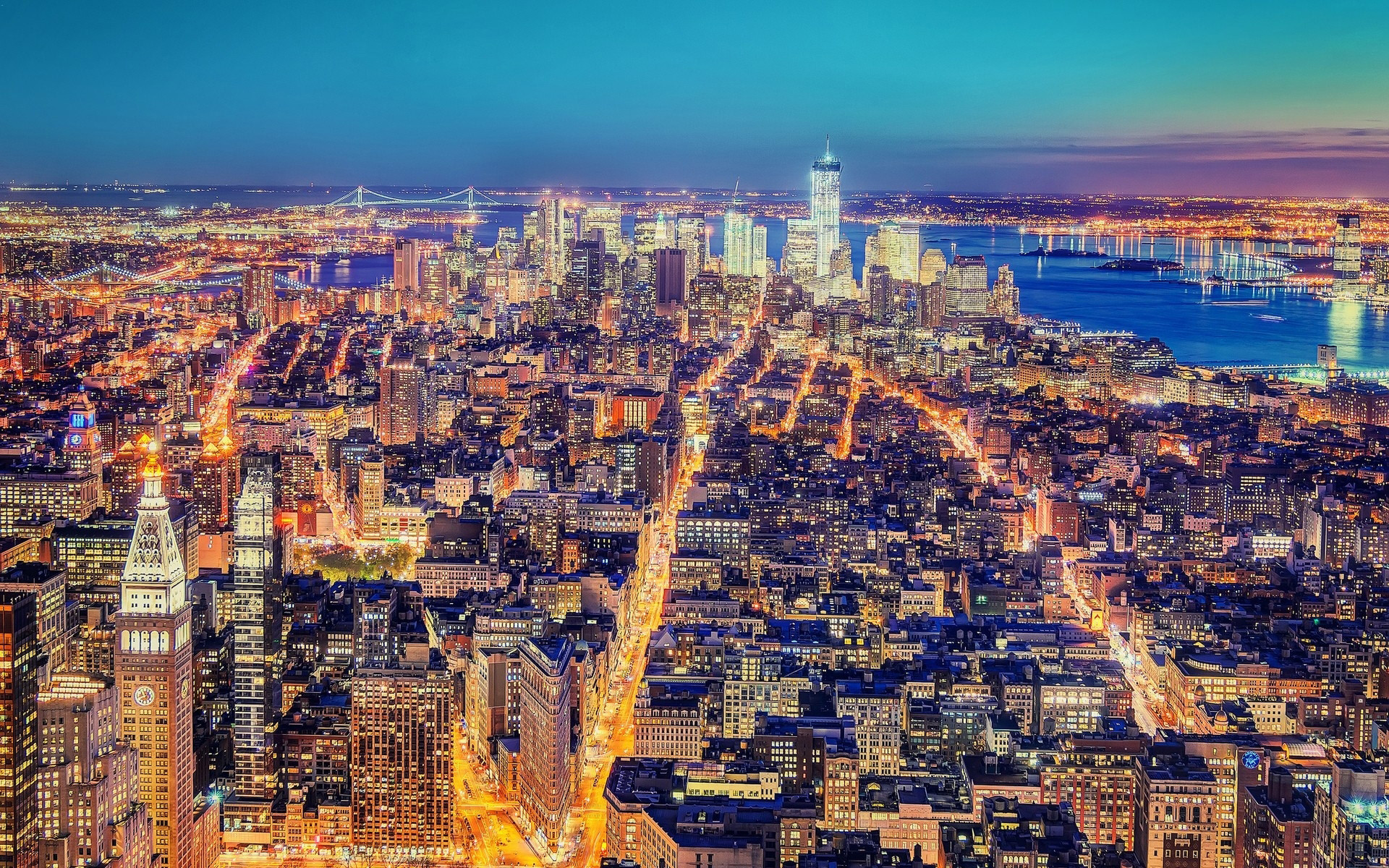 Manhattan, Notte, Vista aerea, Luci della città, Full HD, sfondo per portatile
