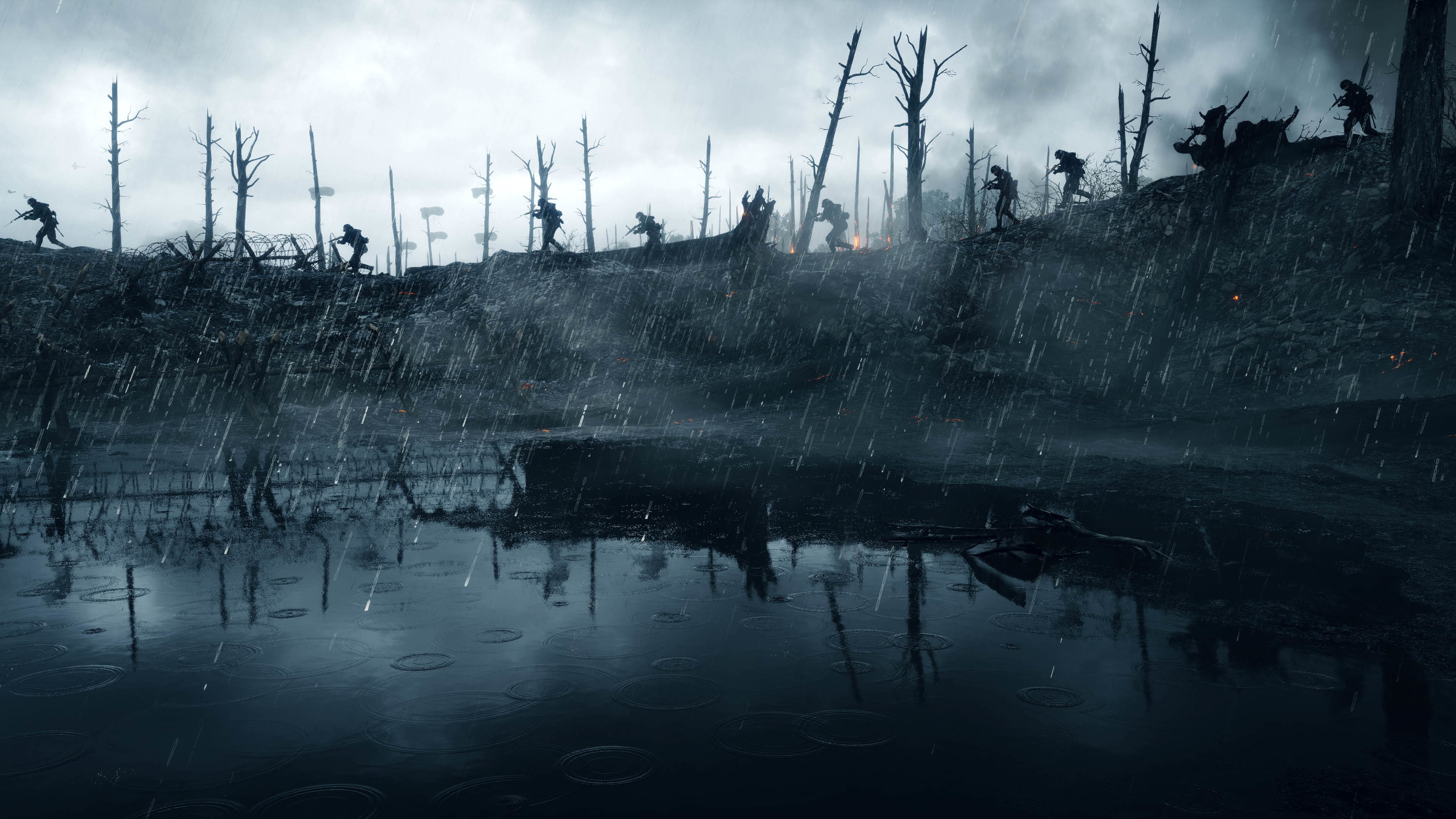 Battlefield 1, Soldati, Pioggia, Palude, Alberi spogli, 16:9 4K, sfondo widescreen