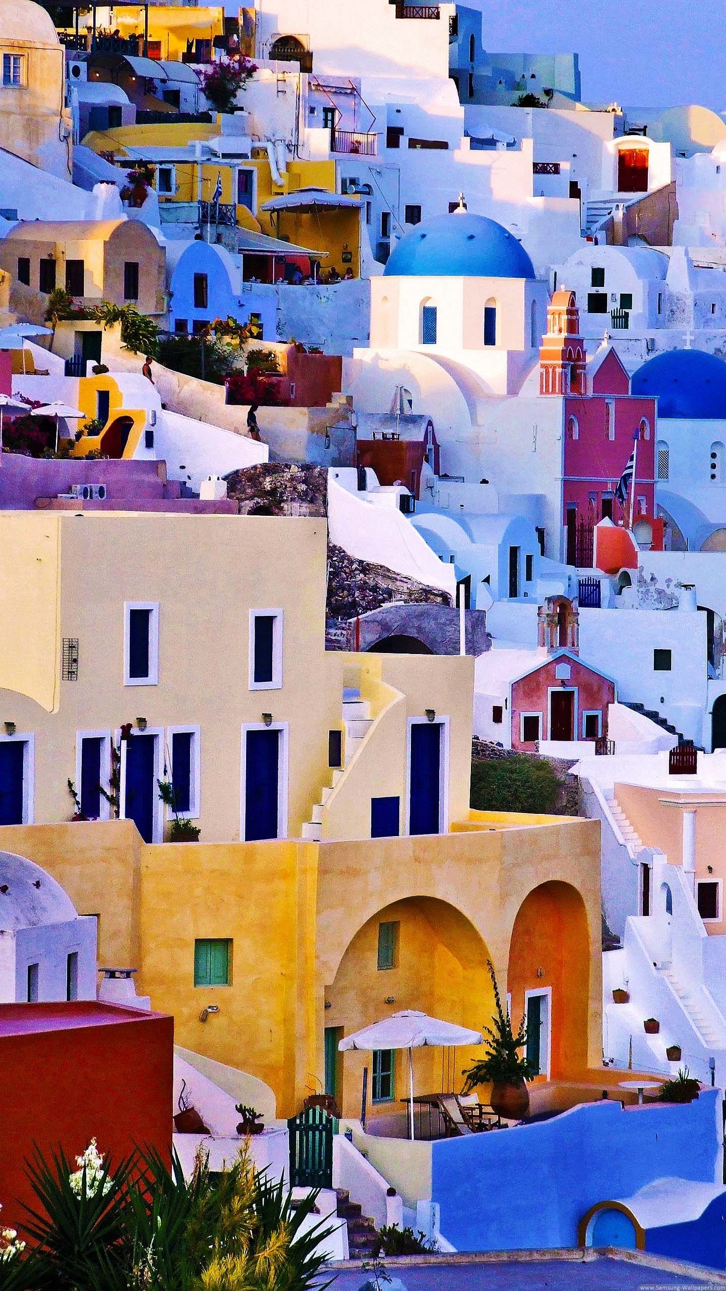 Santorini, Oia, Grecia, Case bianche, Cupole blu, wallpaper Samsung Galaxy S6