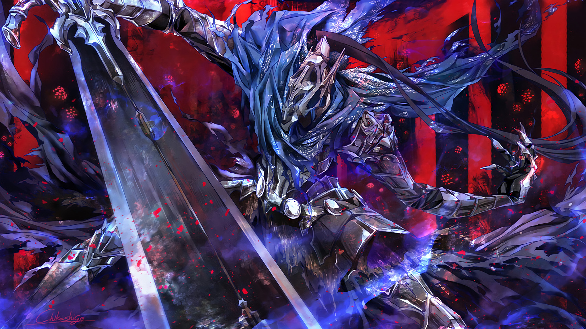Bloodborne, Fan art, Toni blu e rossi, Spada, 16:9 Full HD, sfondo widescreen