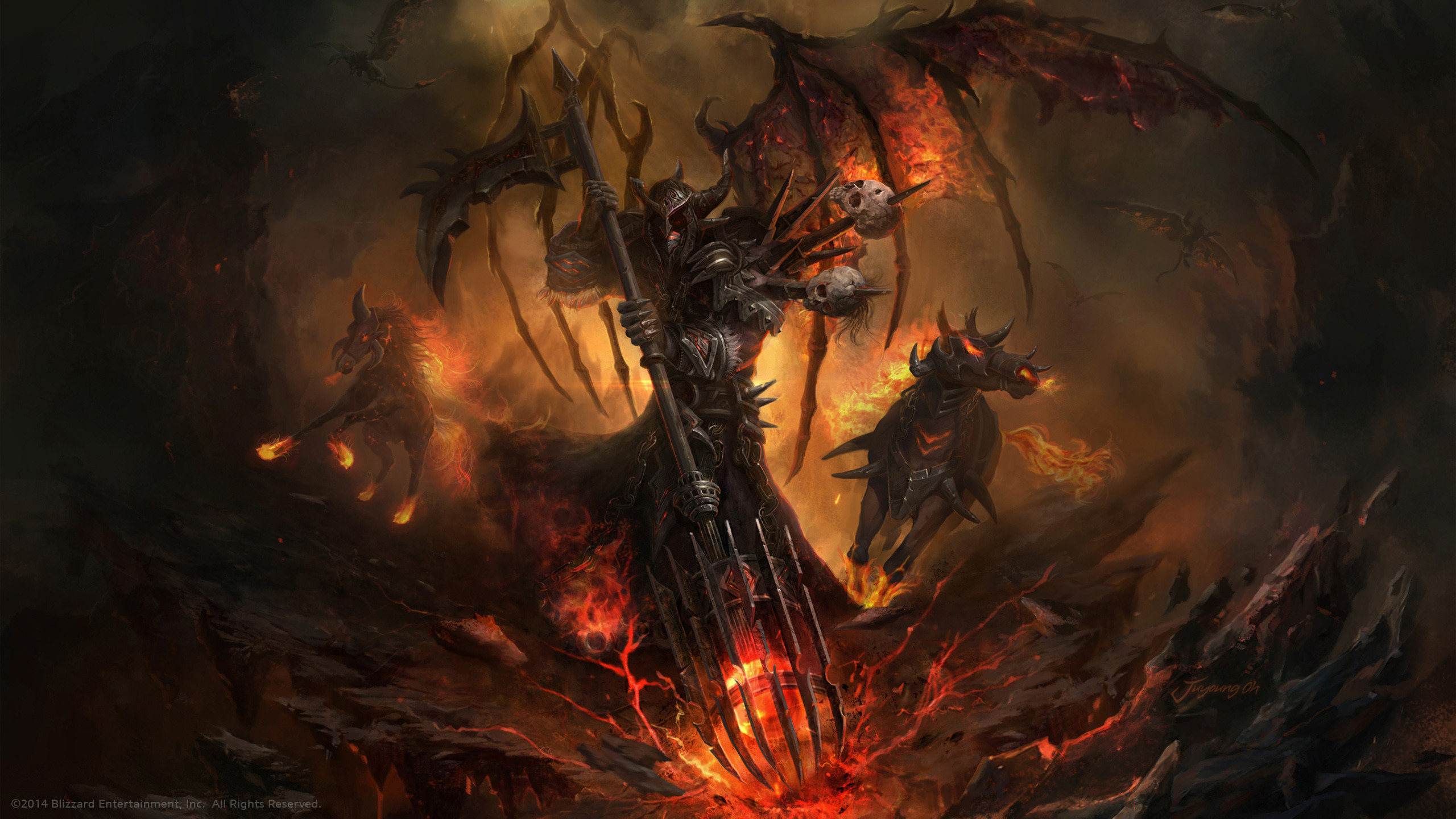 World of Warcraft, Cavaliere della morte, Fuoco, Rosso, Fantasy, wallpaper 2560x1440