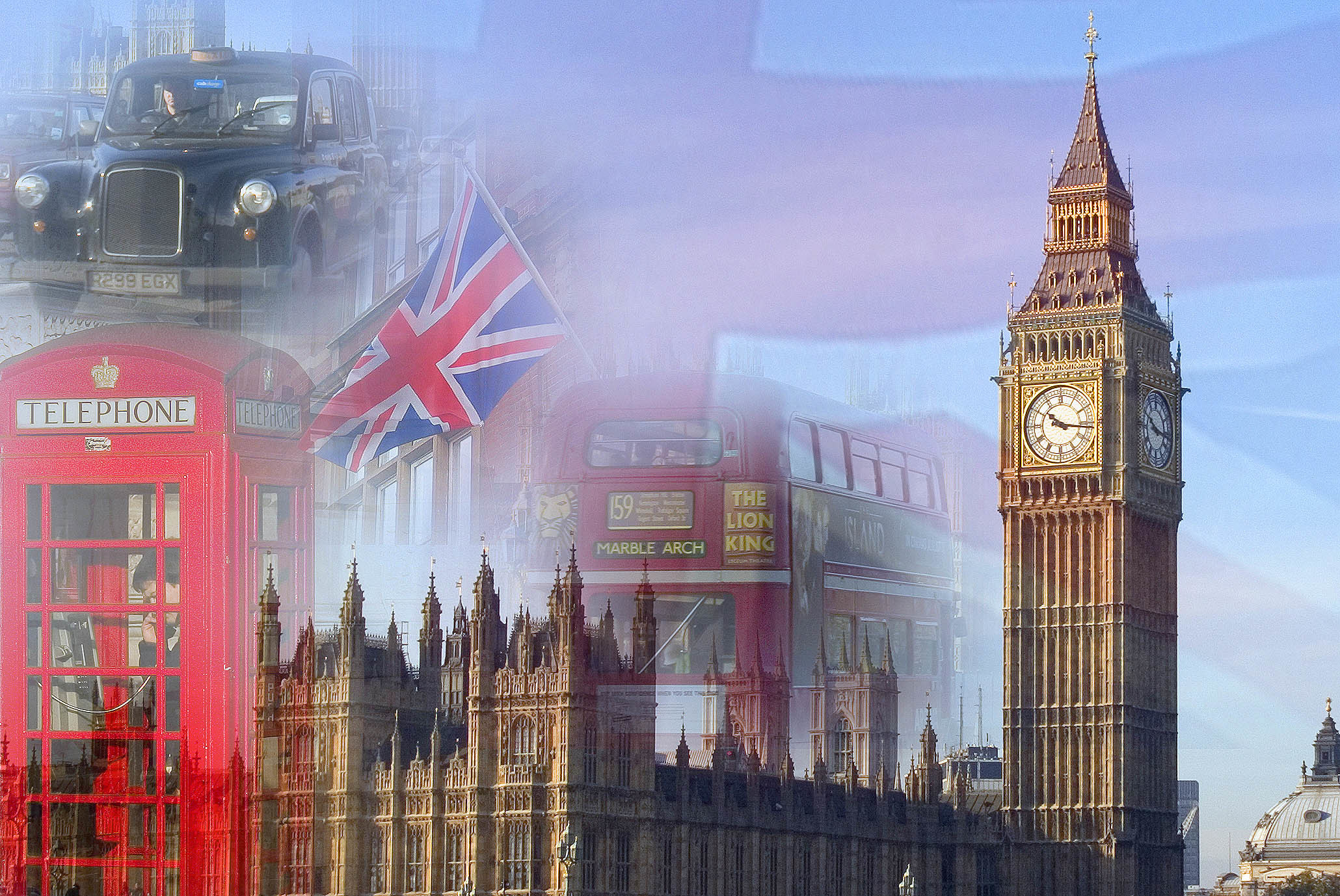 Big Ben, Londra, Cabina telefonica, Union Jack, Palazzo di Westminster, sfondo desktop Full HD