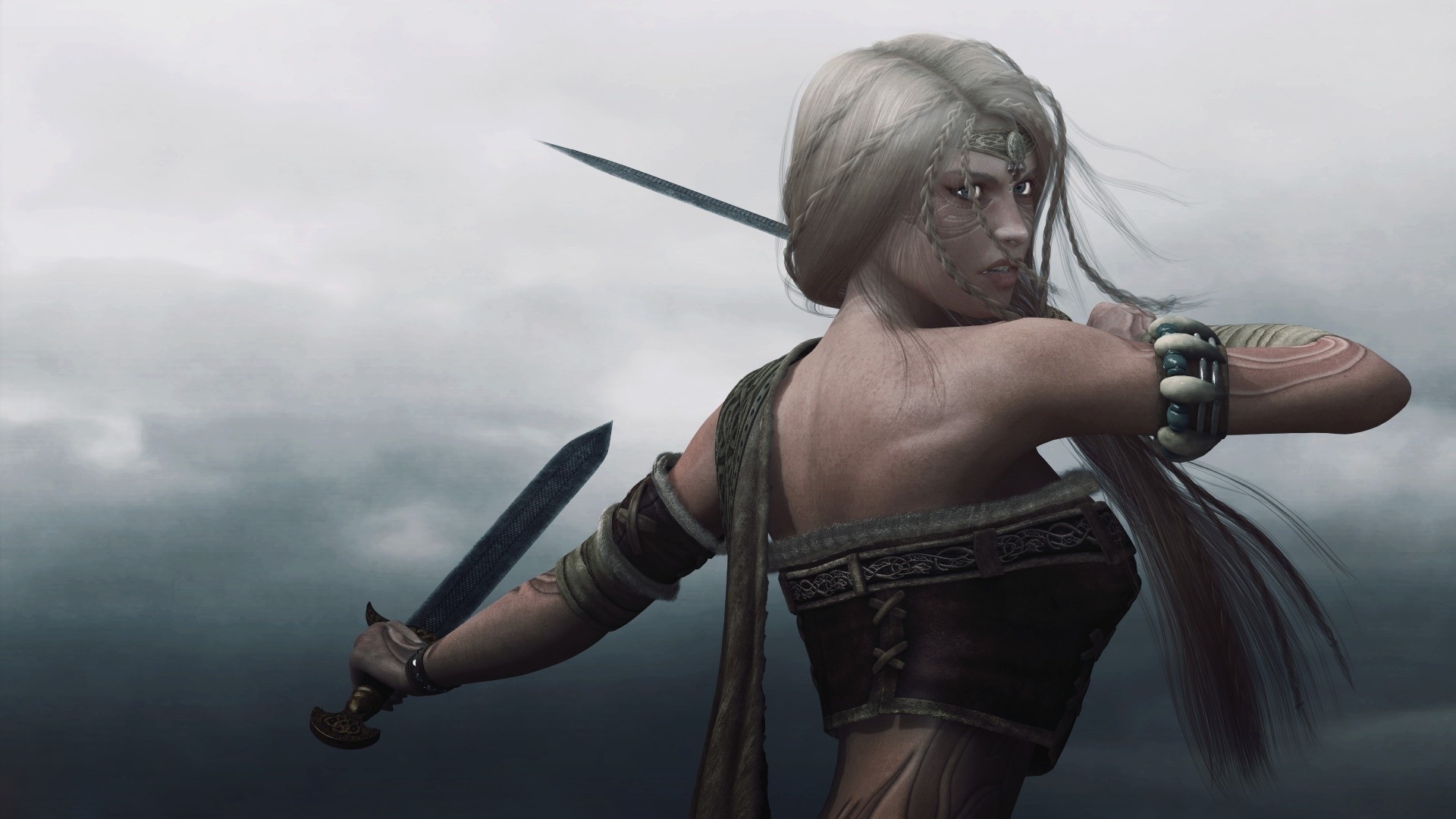 Guerriera vichinga, Spade, Arte fantasy, Cielo grigio, Full HD 1080p, sfondo desktop