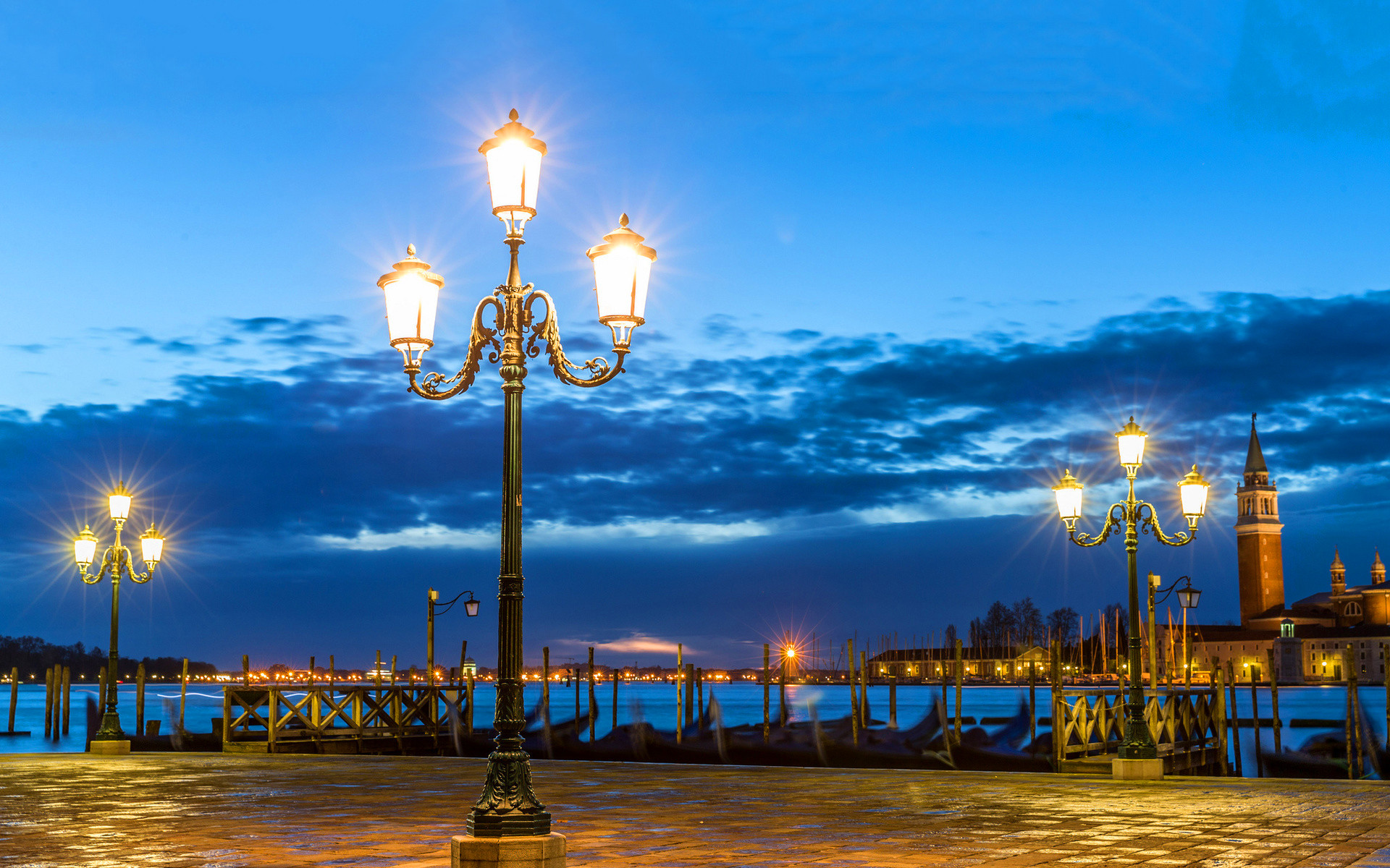 Venezia, Lampioni, San Giorgio Maggiore, Sera, Laguna, Full HD, sfondo Windows 11