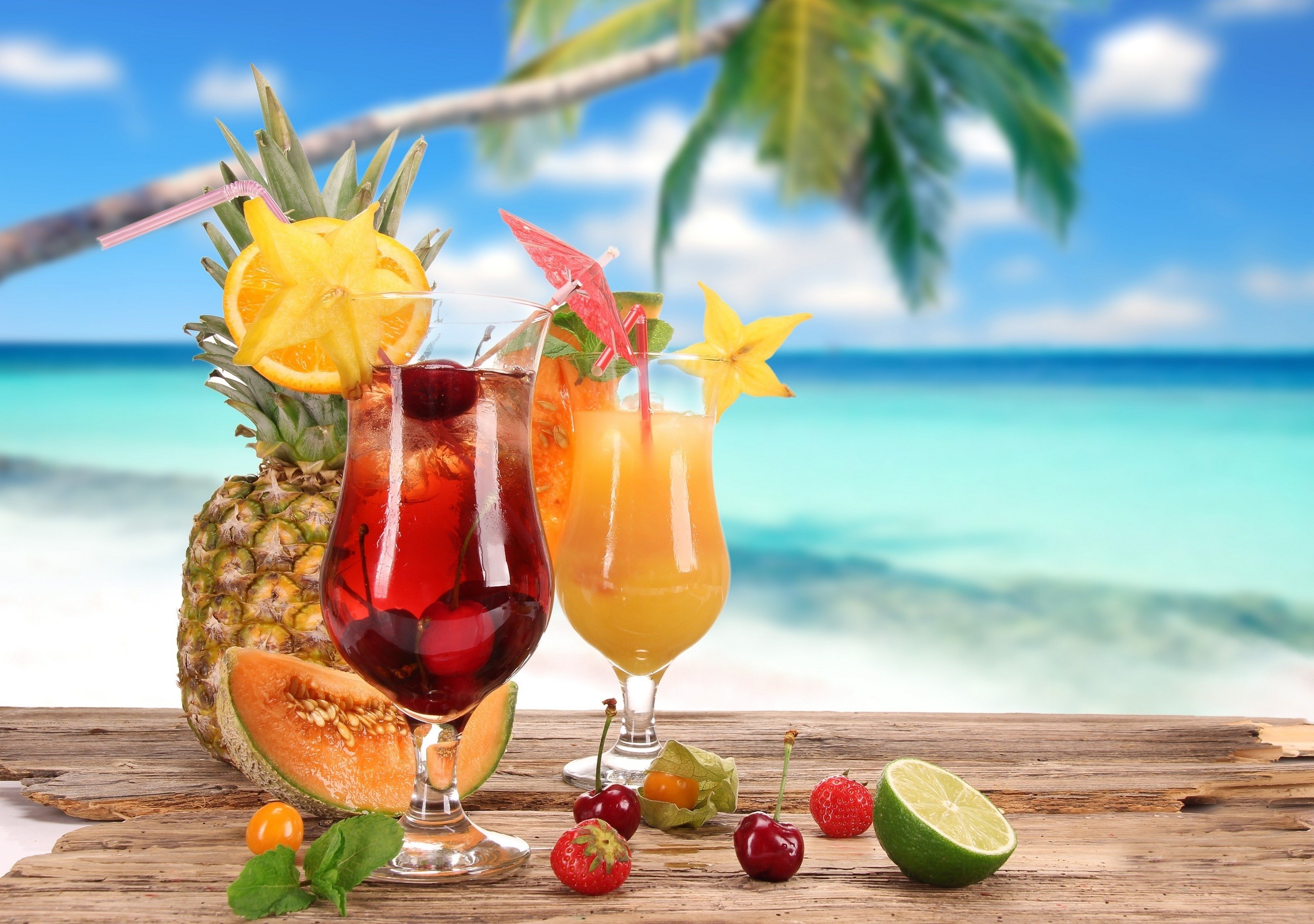 Cocktail, Frutta tropicale, Spiaggia, Estate, 2K, wallpaper desktop