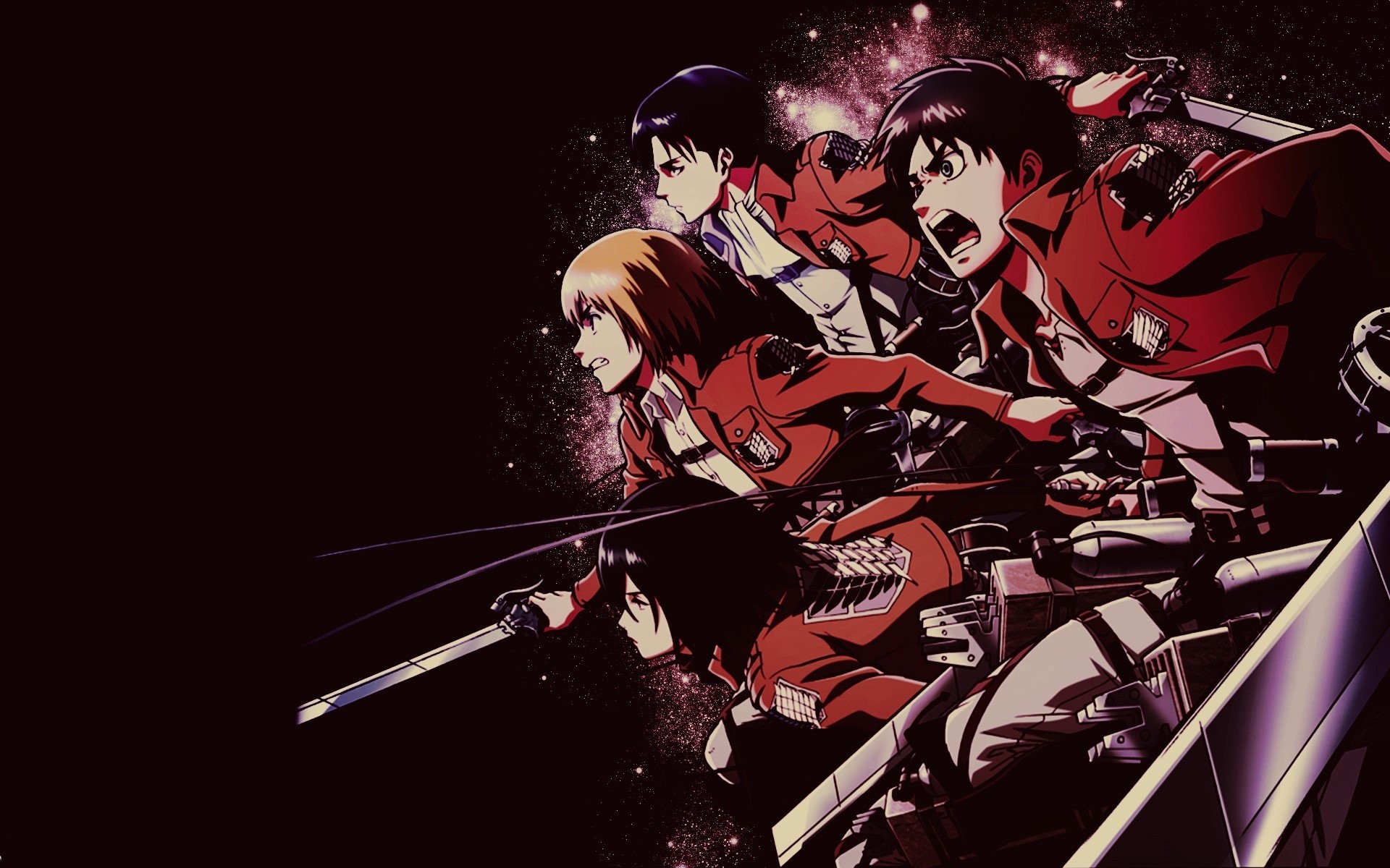 Levi Ackerman, Eren Jaeger, Mikasa Ackerman, L'attacco dei giganti, Sfondo nero, wallpaper Full HD