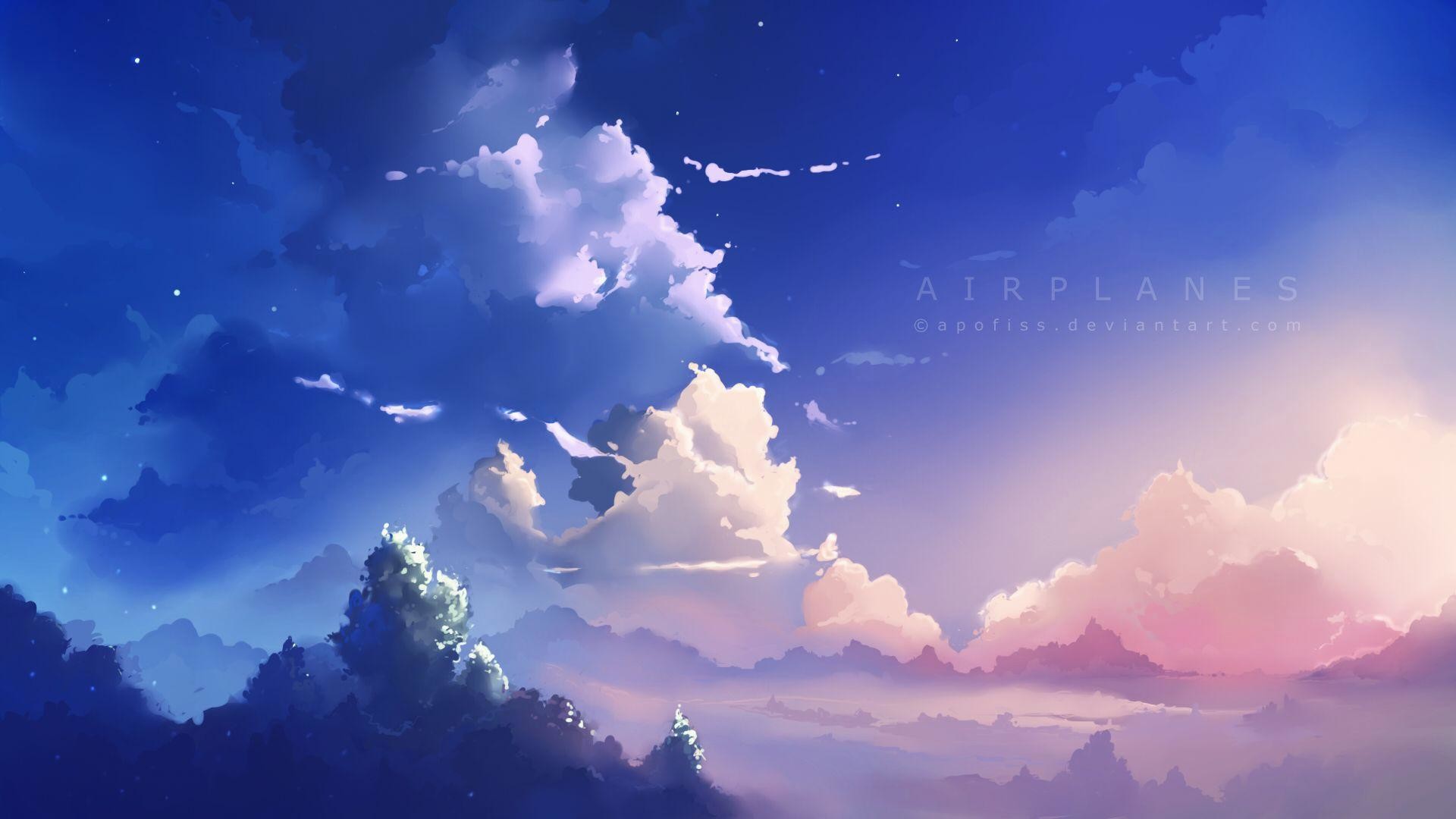 Nuvole, Cielo, Acquerello, Blu, Anime, 1920x1080, sfondo per PC