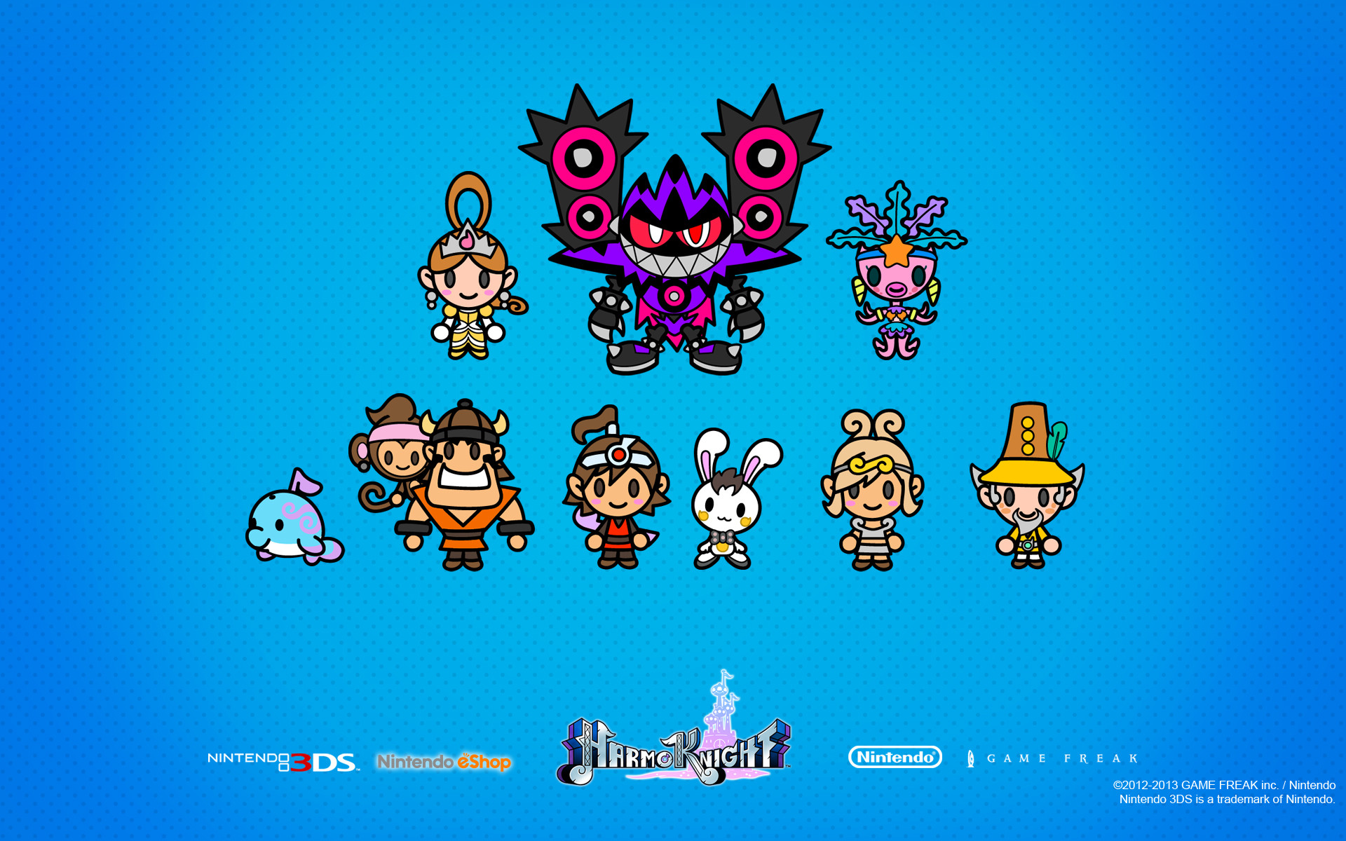 Nintendo 3DS, Personaggi pixel, Sfondo blu, 16:10 Full HD, wallpaper widescreen