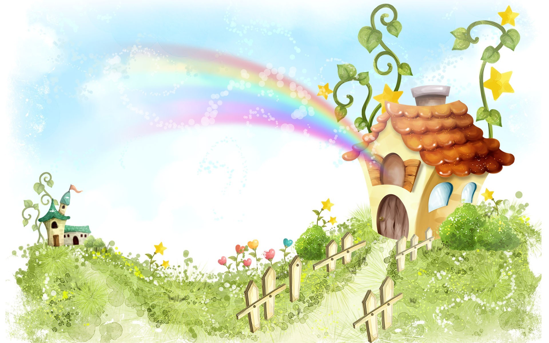 Casetta, Arcobaleno, Illustrazione, Collina, 1920x1200, sfondo per PC