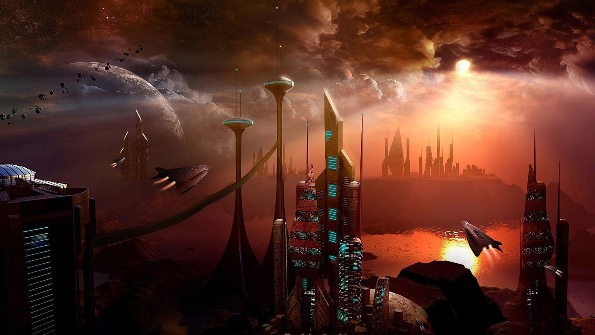 Città futuristica, Astronavi, Pianeta, Rosso, Fantascienza, Full HD 1080p, sfondo desktop