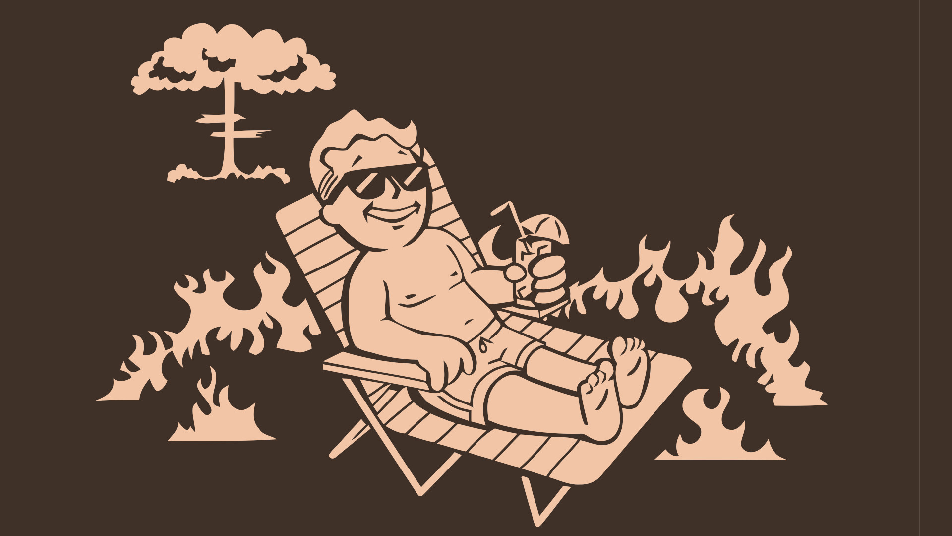 Vault Boy, Fallout, Fungo atomico, Sedia a sdraio, Fiamme, 1920x1080, sfondo per PC