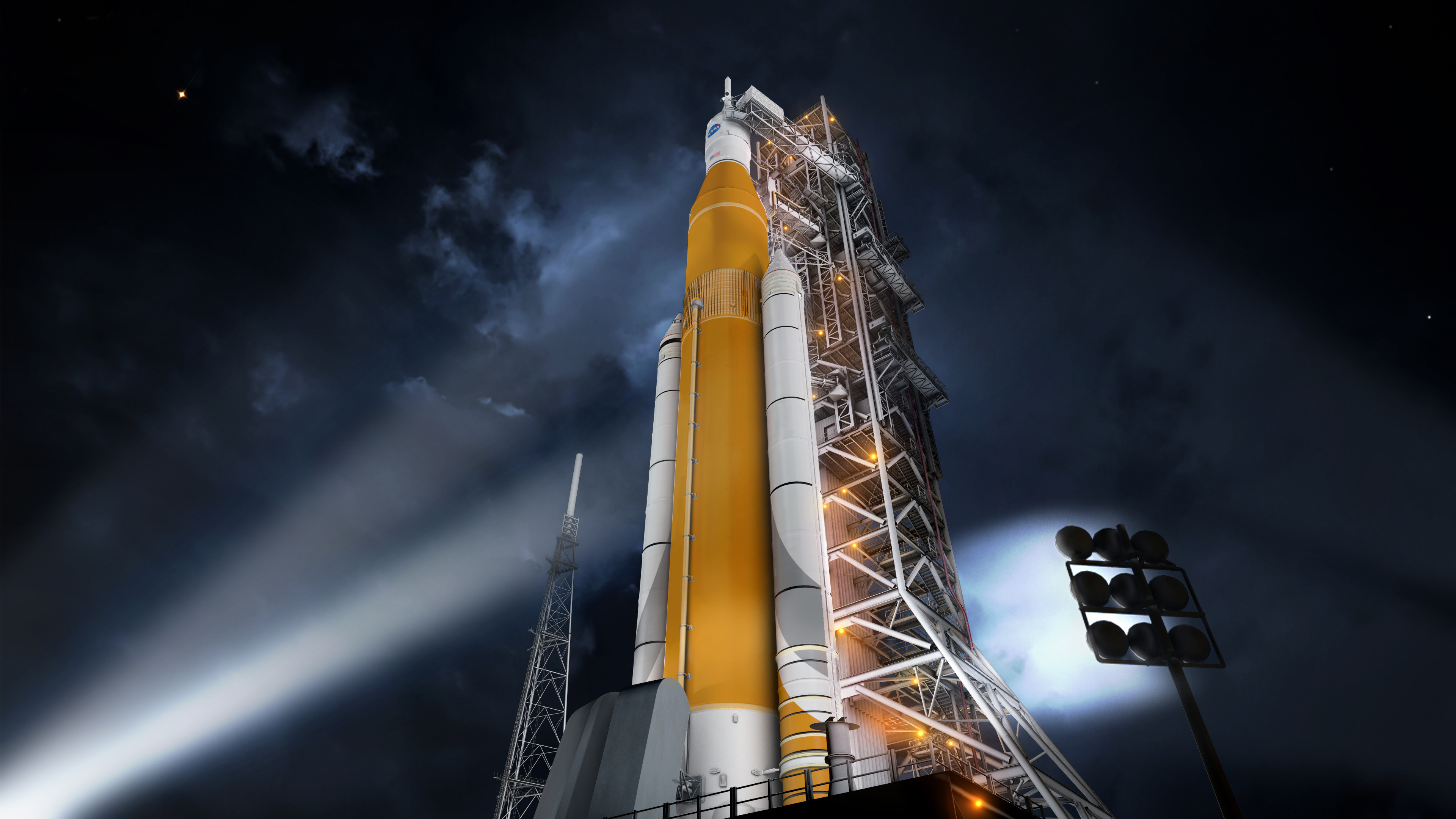 Space Launch System, SLS, Rampa di lancio, Notte, 3840x2160, immagine di sfondo