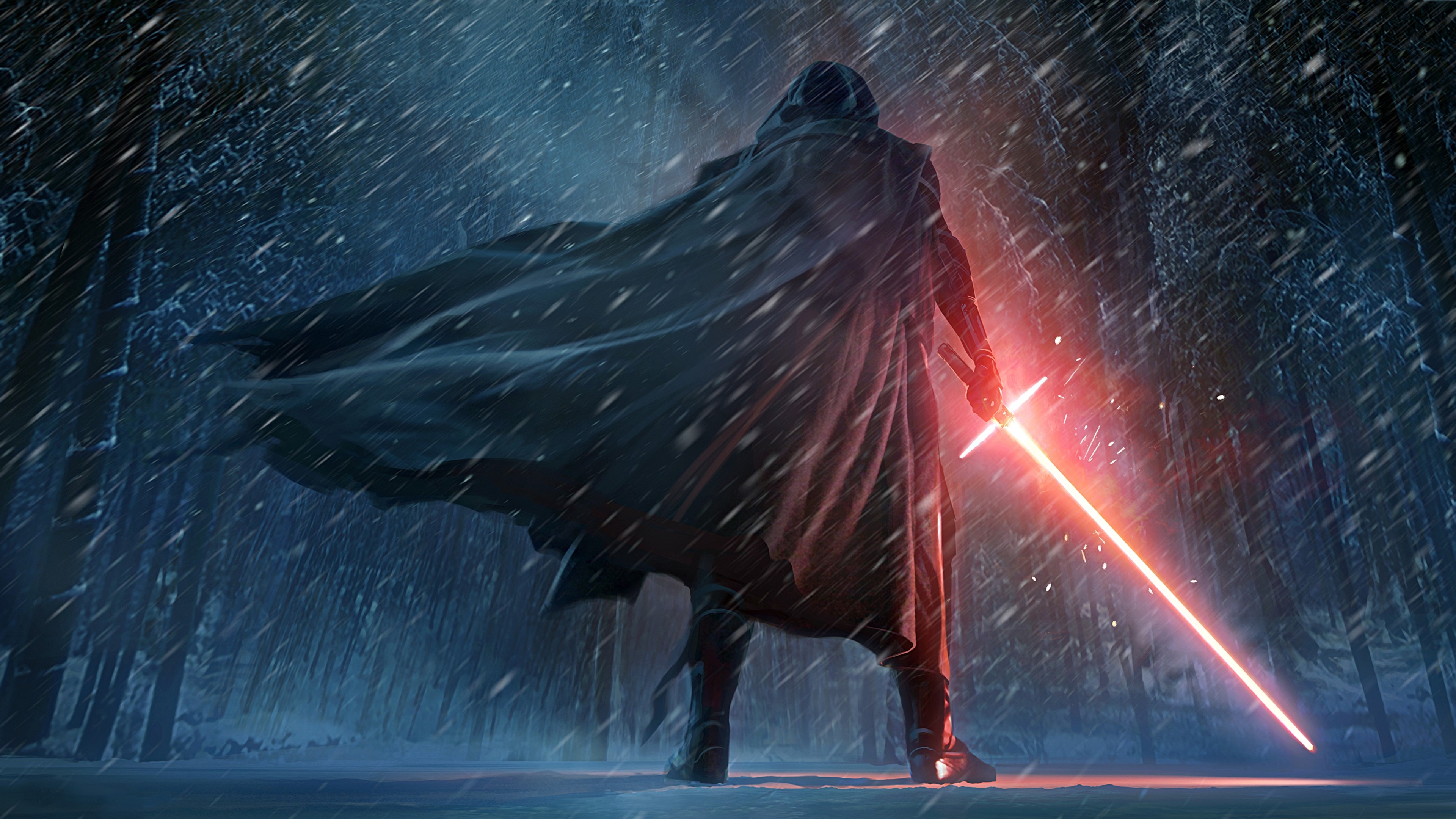 Kylo Ren, Star Wars, Spada laser, Neve, Foresta, 16:9 4K, sfondo widescreen