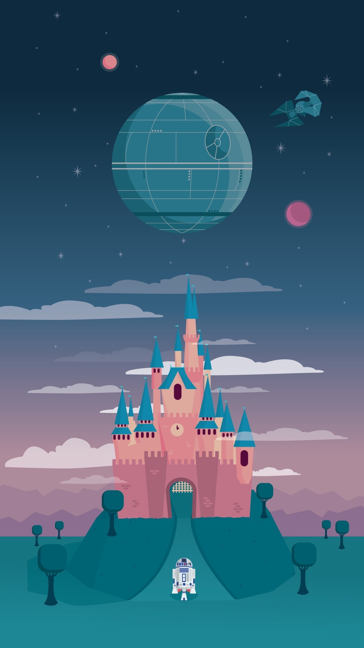 Morte Nera, R2-D2, Star Wars, Castello Disney, Illustrazione, 1242x2208, schermata di blocco iPhone