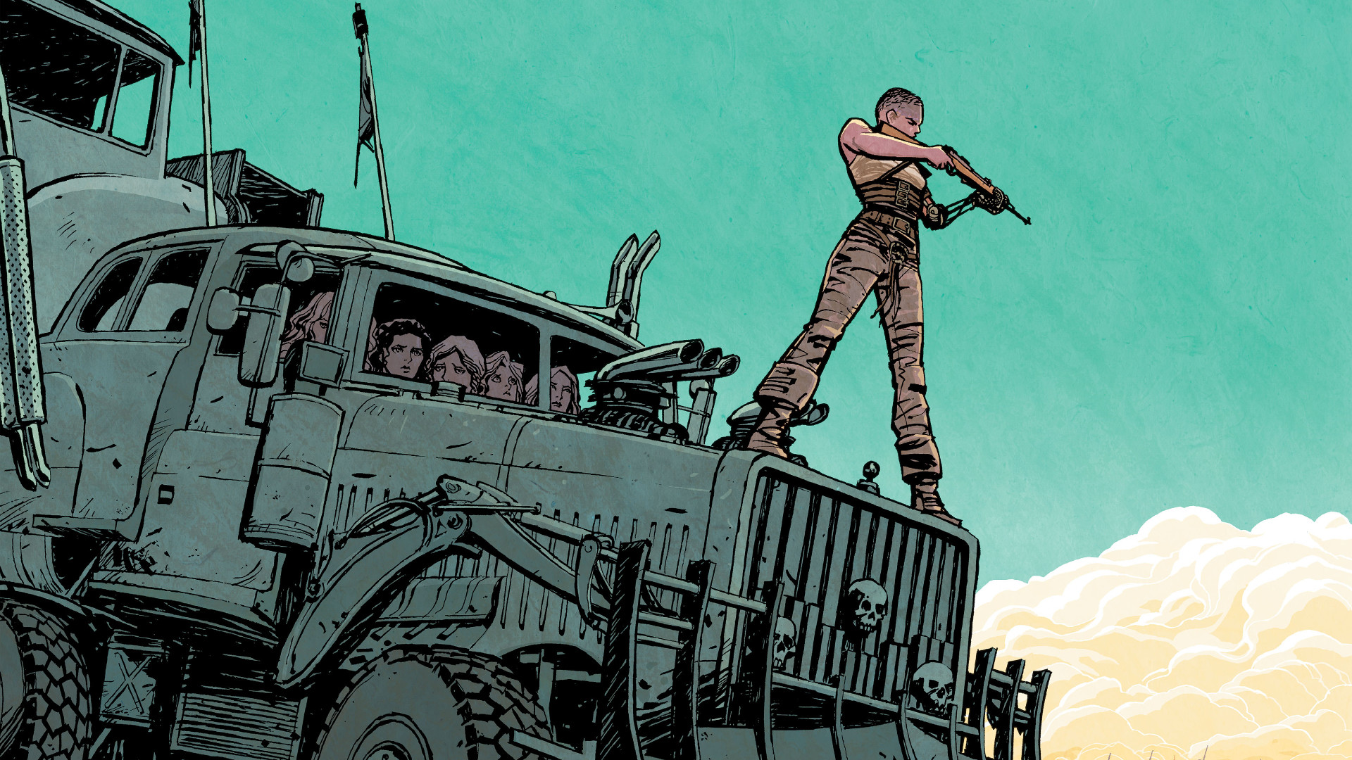 Mad Max: Fury Road, Furiosa, War Rig, Illustrazione, Turchese, Full HD, sfondo desktop