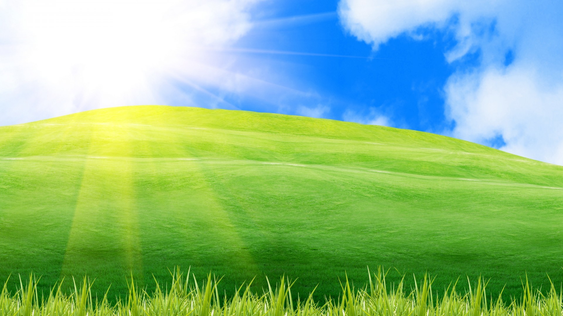 Collina verde, Prato, Cielo azzurro, Raggi di sole, 1920x1080, sfondo per PC