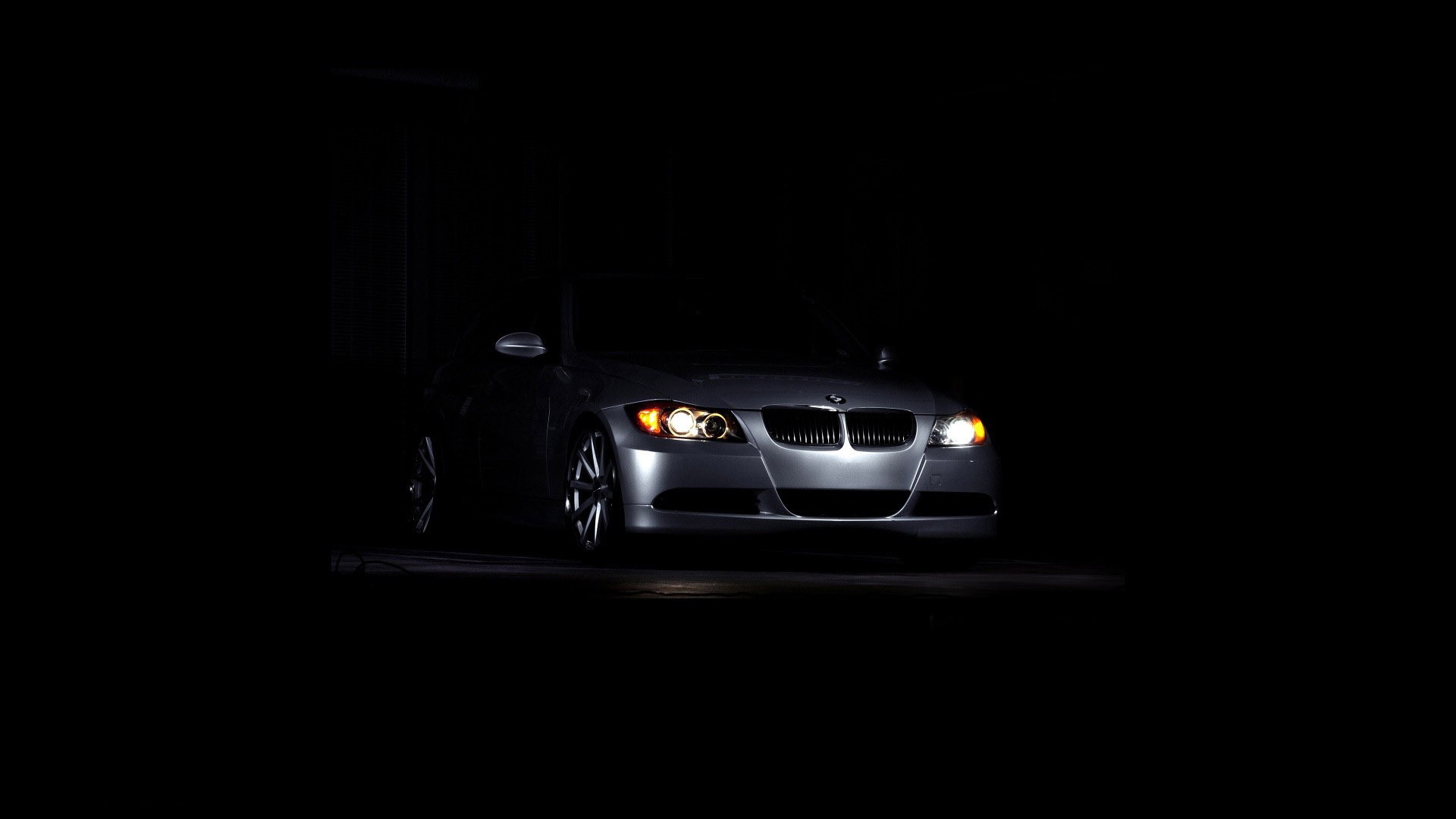 BMW Serie 3 (E90), BMW, Sfondo nero, Fari, Minimalismo, 16:9 Full HD, wallpaper widescreen
