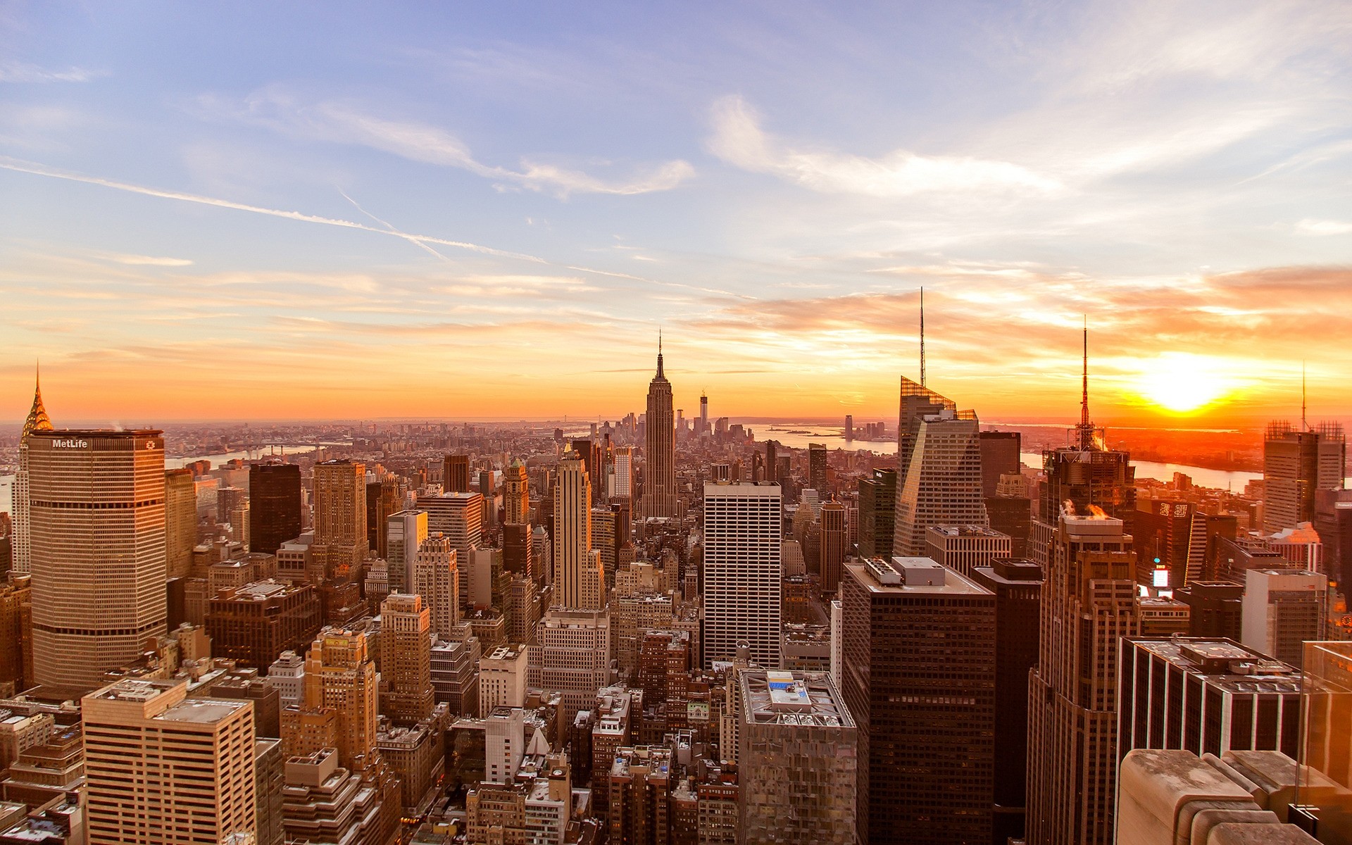 Empire State Building, Manhattan, New York, Tramonto, Sole, Full HD, sfondo per PC