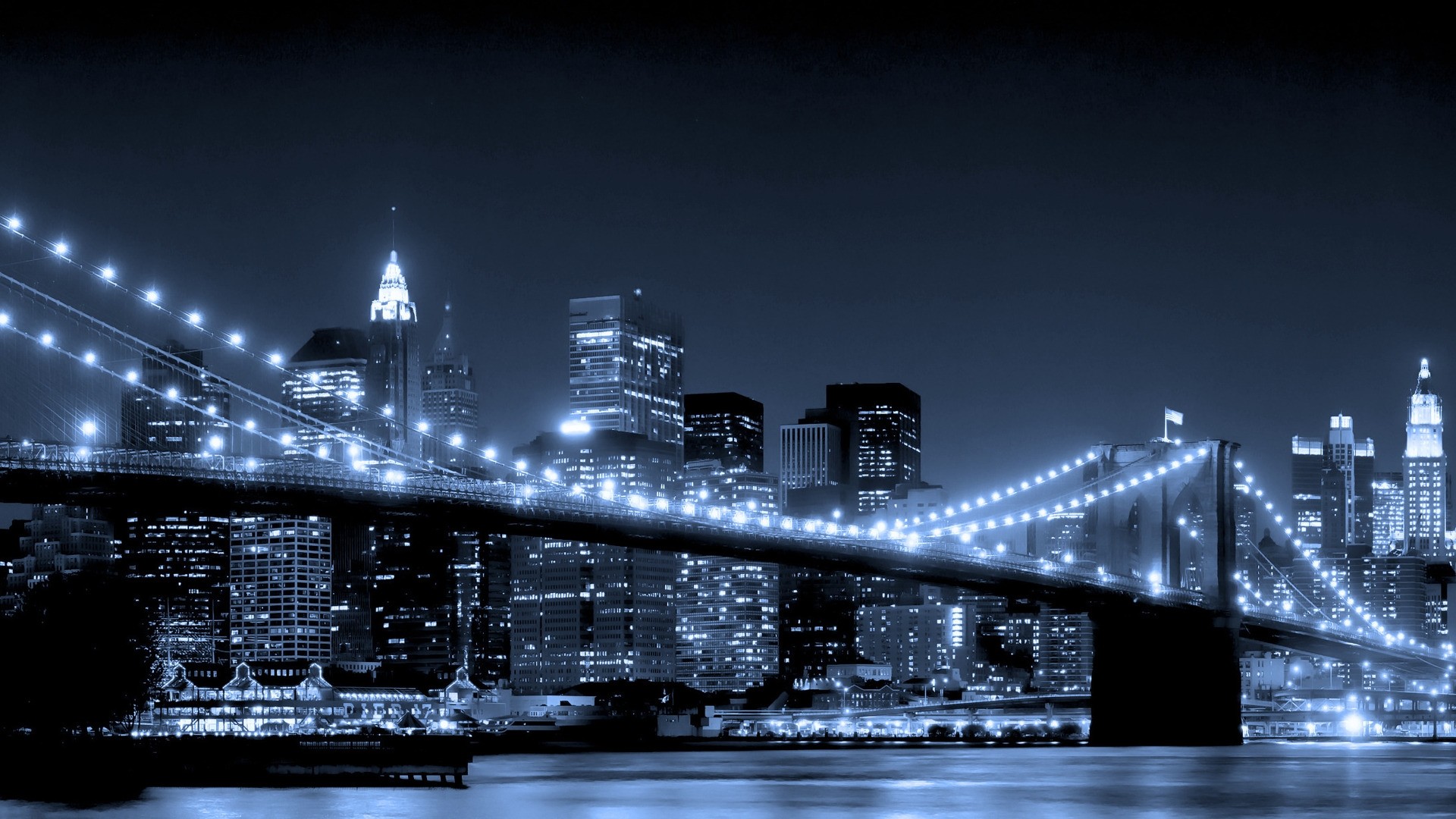 Ponte di Brooklyn, Manhattan, New York, Notte, Toni blu, Full HD, sfondo desktop