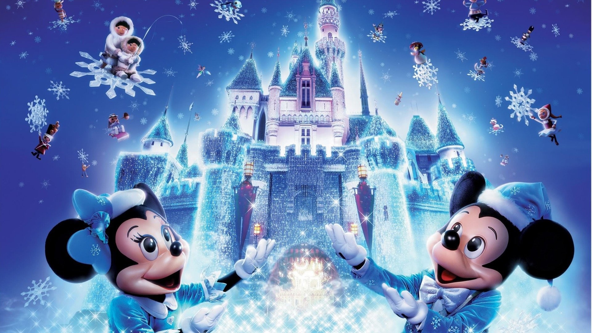 Topolino, Minnie, Castello di ghiaccio, Natale, Fiocchi di neve, sfondo 16:9 Full HD