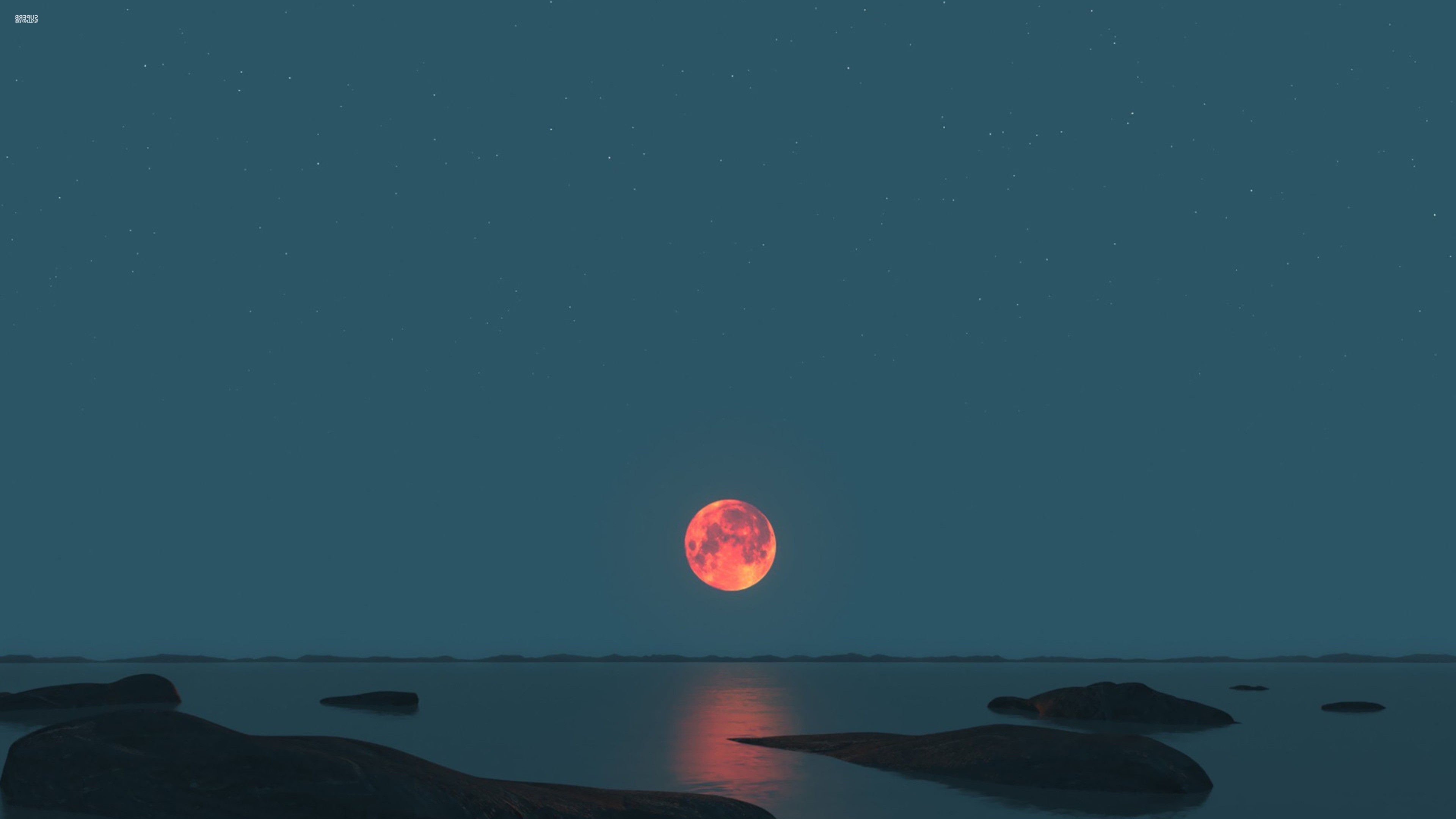 Luna rossa, Mare, Scogli, Notte, 4K, sfondo per portatile