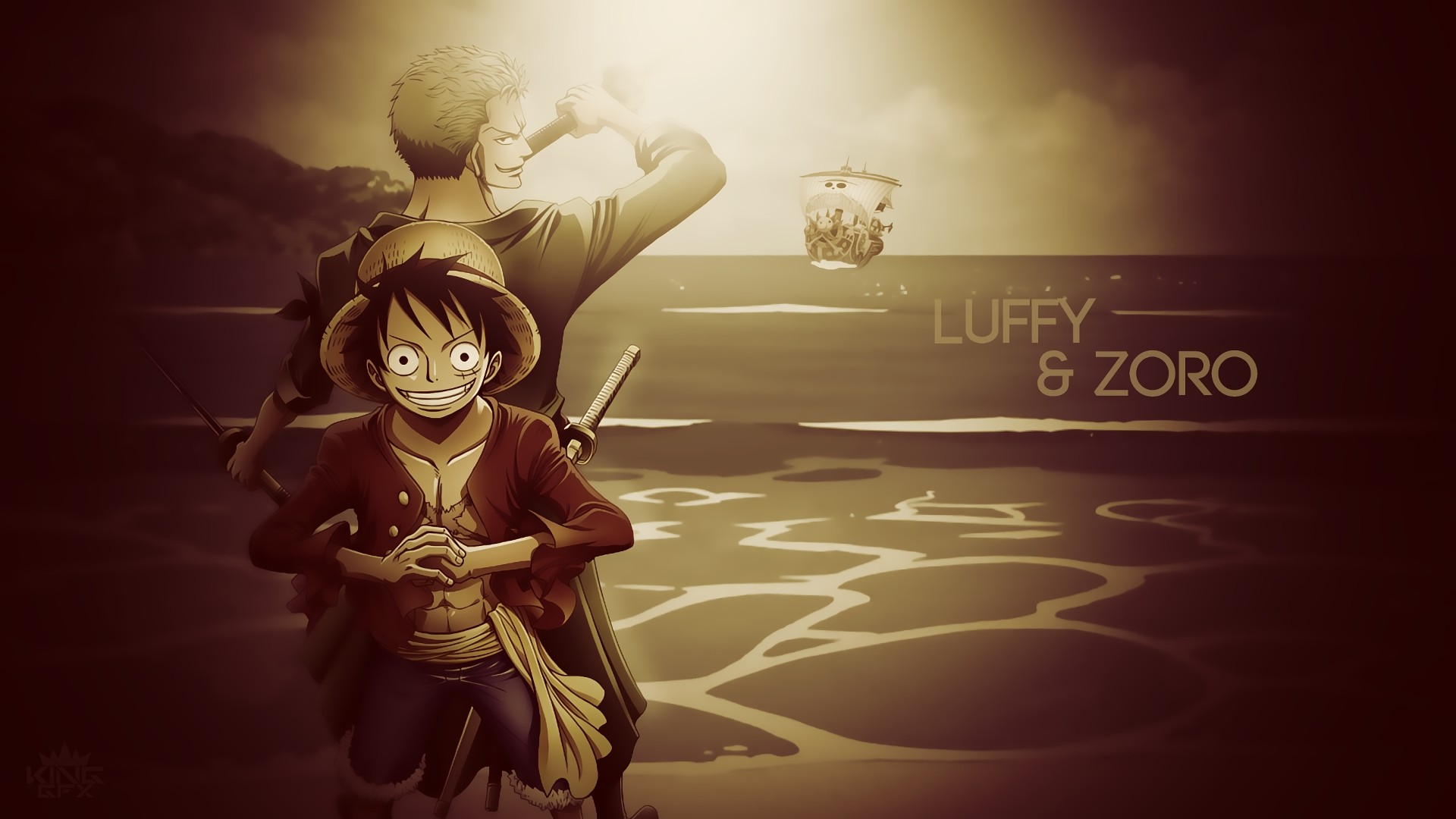 Monkey D. Luffy, Roronoa Zoro, One Piece, Thousand Sunny, Seppia, sfondo Windows 11