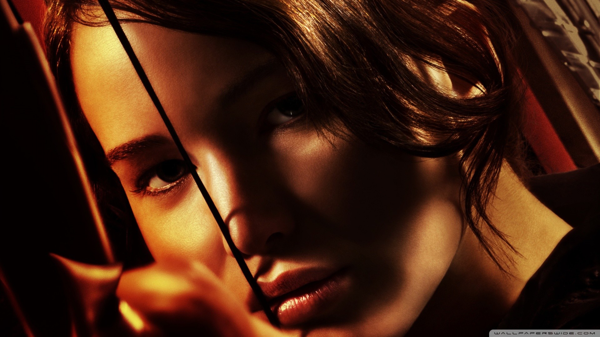 Jennifer Lawrence, Katniss Everdeen, Hunger Games, Arco, Primo piano, sfondo 16:9 Full HD