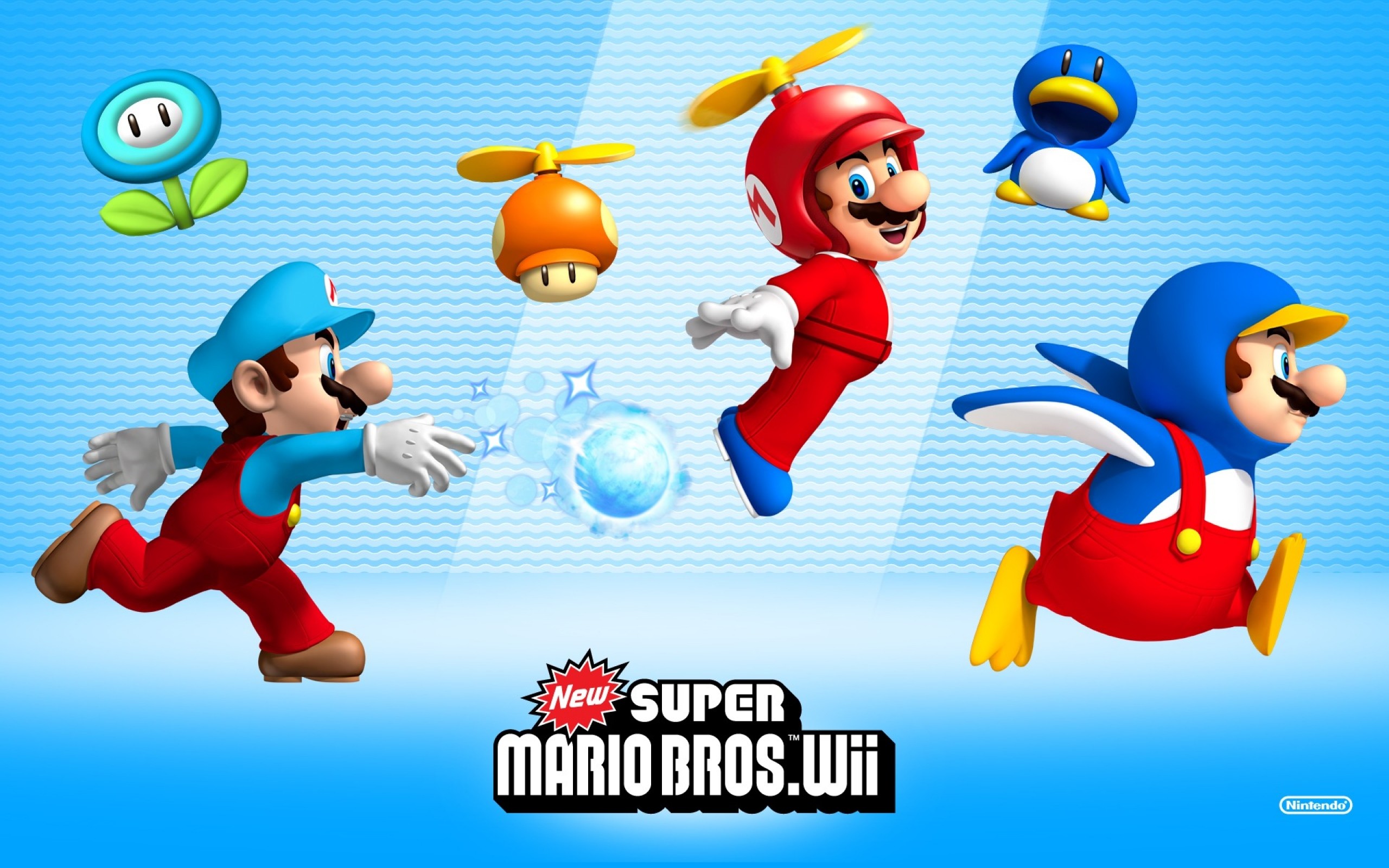 New Super Mario Bros. Wii, Mario, Mario Elica, Mario Pinguino, Mario Ghiaccio, Fiore di ghiaccio, Nintendo, sfondo per PC