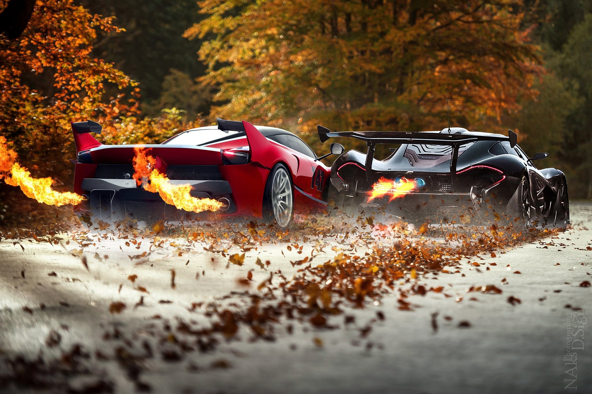 McLaren P1, Ferrari LaFerrari, Fiamme di scarico, Foglie autunnali, sfondo Full HD per computer