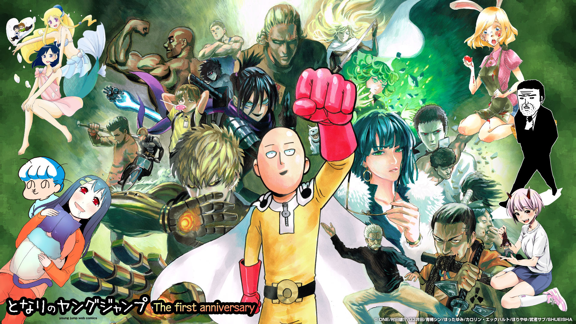 One Punch Man, Saitama, Tatsumaki, Genos, Young Jump, Anniversario, Gruppo di personaggi, sfondo 1080p