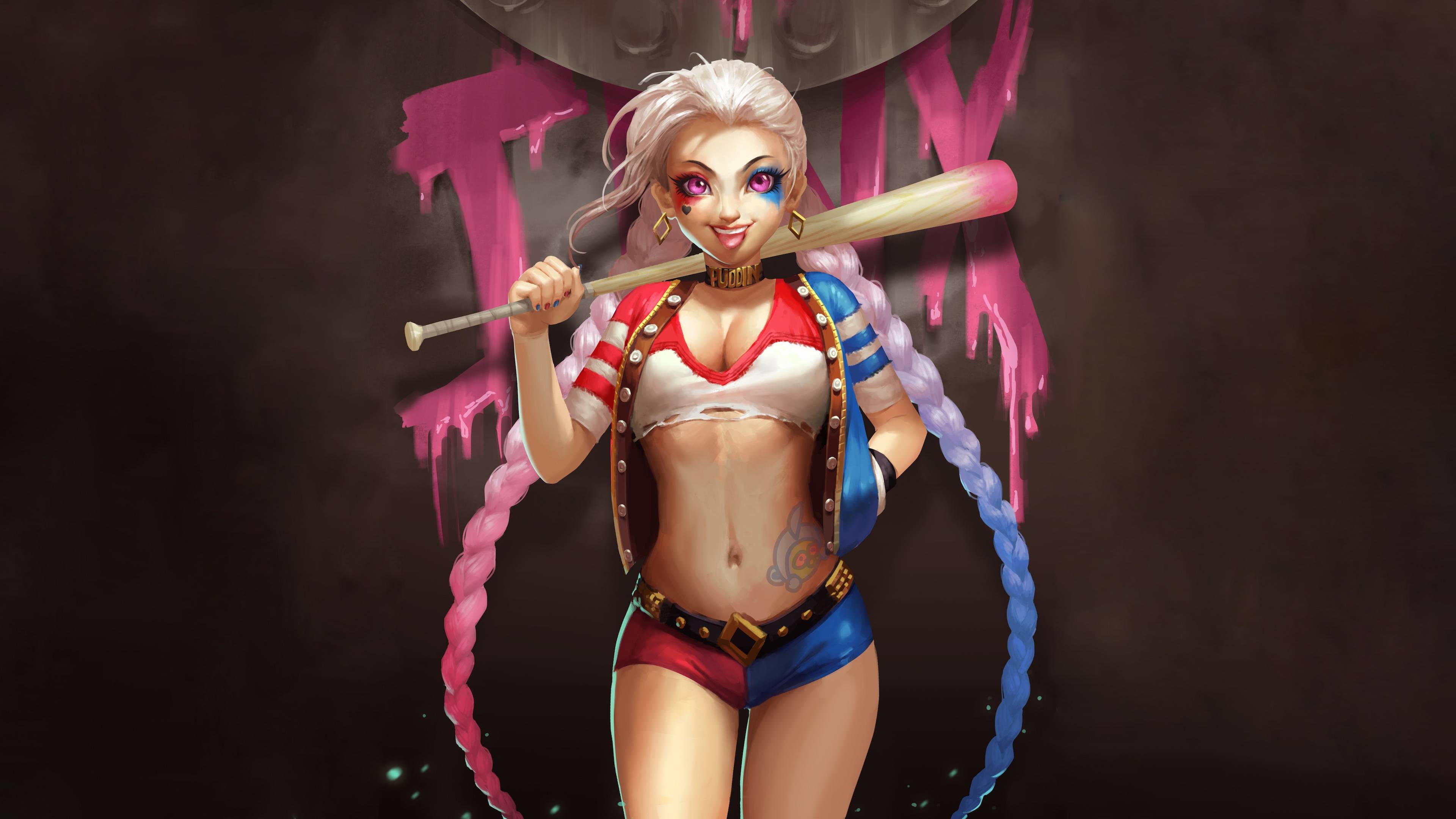 Harley Quinn, Fan art, Mazza da baseball, Rosa, 4K, sfondo per portatile