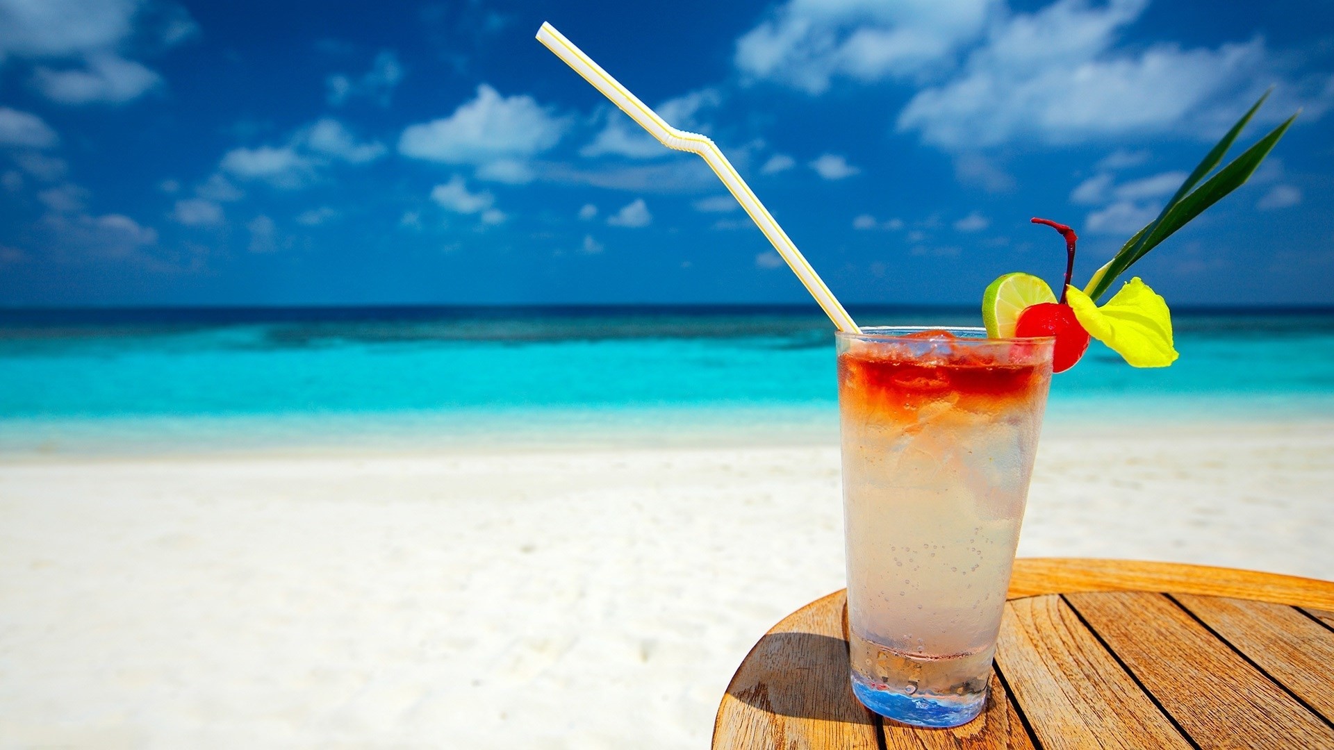Cocktail, Spiaggia, Mare turchese, Estate, 16:9 Full HD, sfondo widescreen