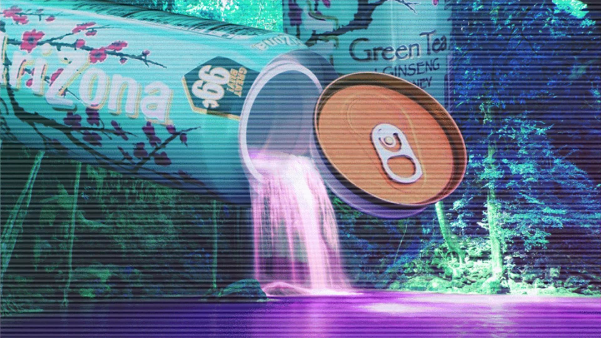 AriZona Green Tea, Lattina, Cascata, Foresta, Vaporwave, 1920x1080, wallpaper desktop