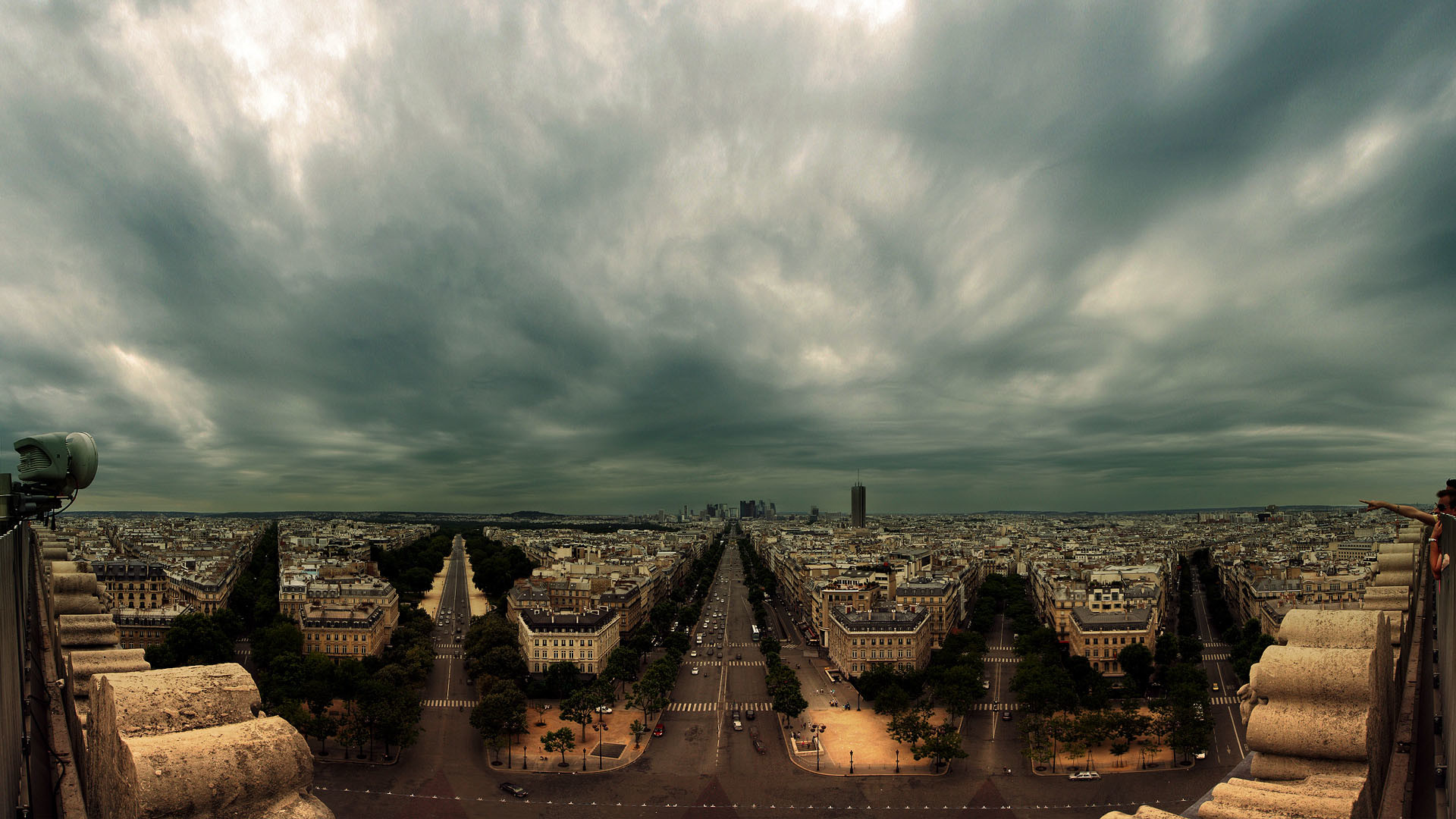 Avenue des Champs-Élysées, Parigi, Arco di Trionfo, Nuvole, 16:9 Full HD, wallpaper widescreen